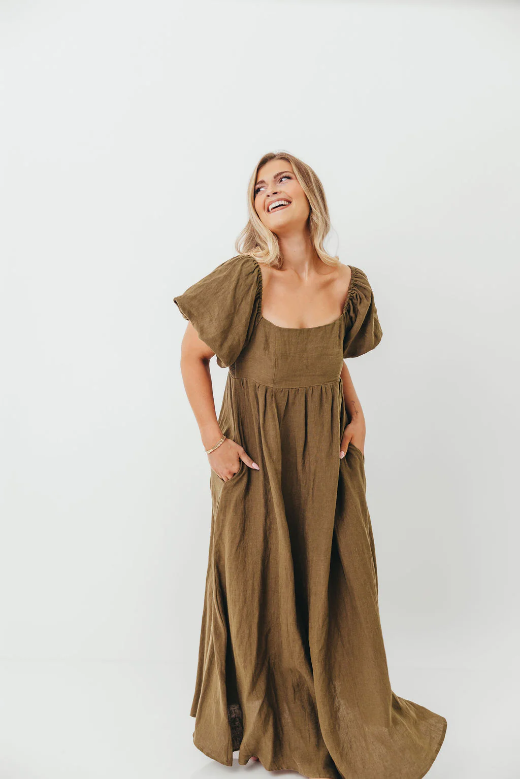 Candace Woven Linen Maxi Dress in Dark Olive - Bump Friendly - Image 9