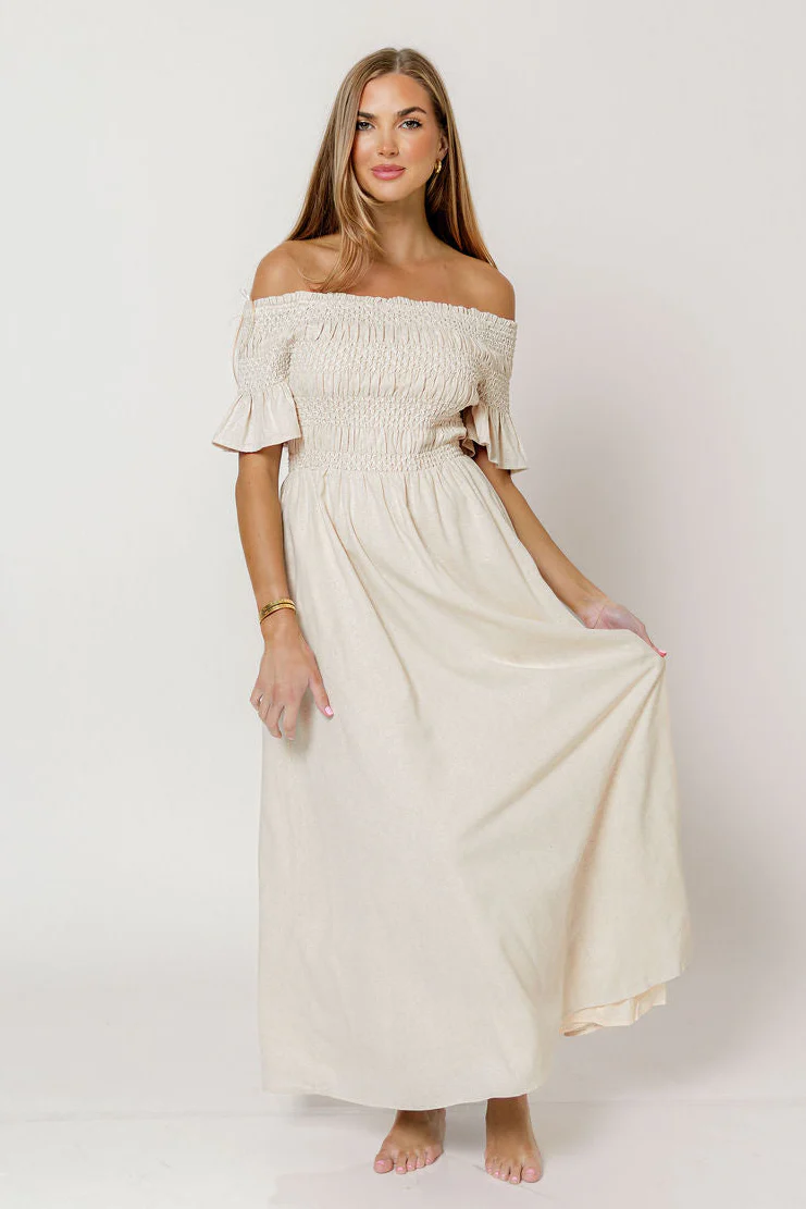 Santorini Sunset Off Shoulder Maxi Dress in Oatmeal