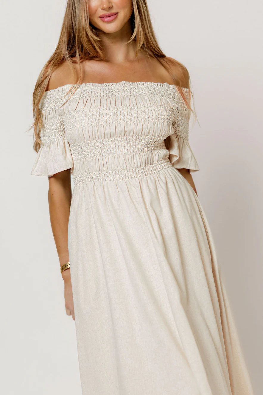 Santorini Sunset Off Shoulder Maxi Dress in Oatmeal - Image 2