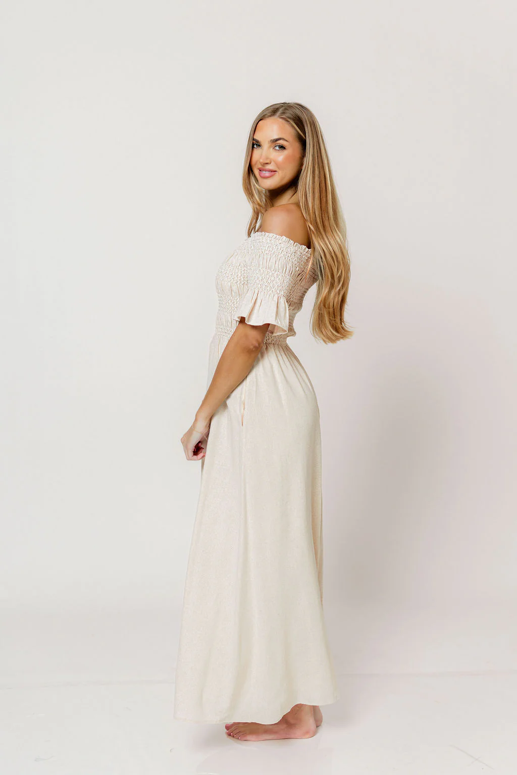 Santorini Sunset Off Shoulder Maxi Dress in Oatmeal - Image 3
