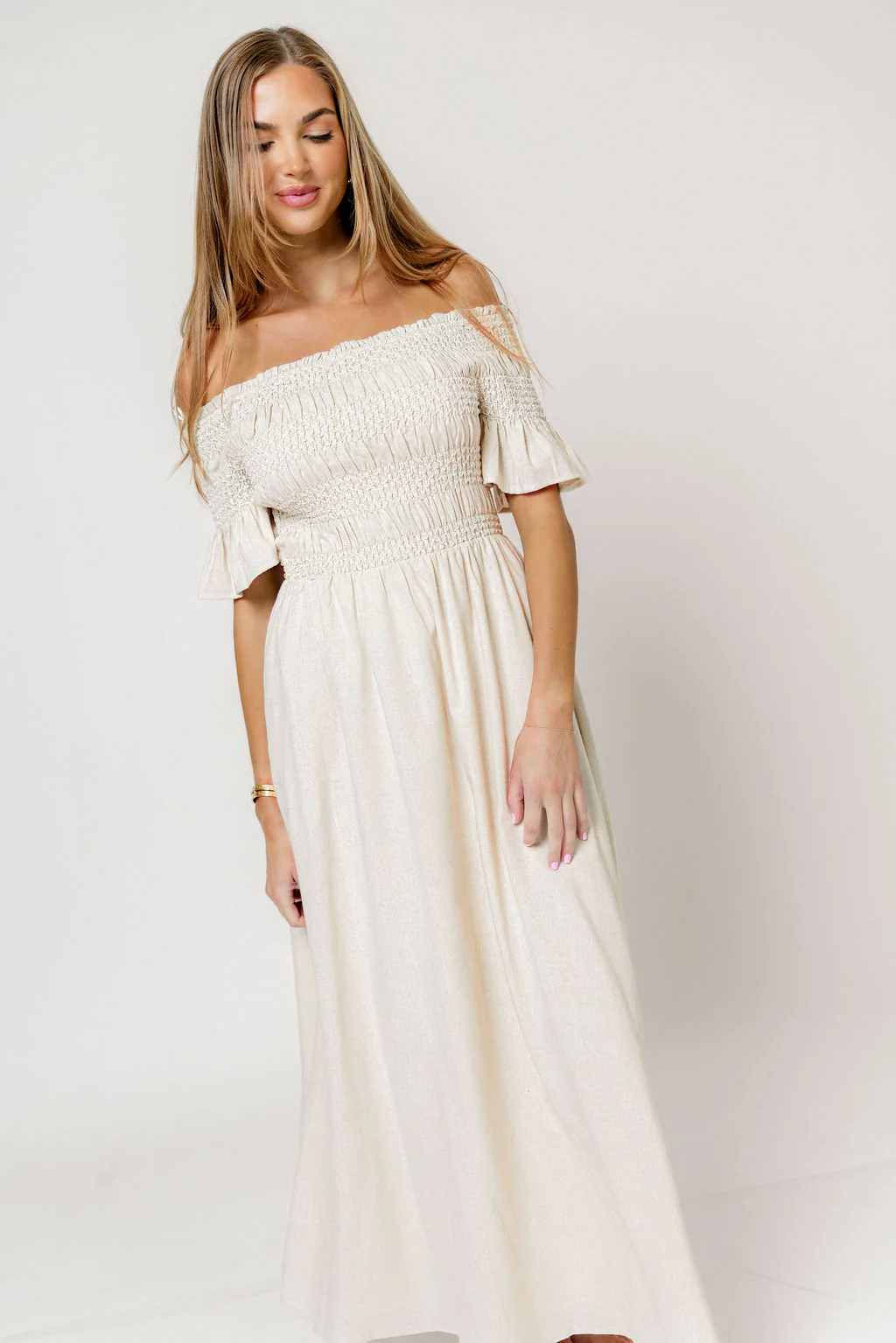 Santorini Sunset Off Shoulder Maxi Dress in Oatmeal - Image 4