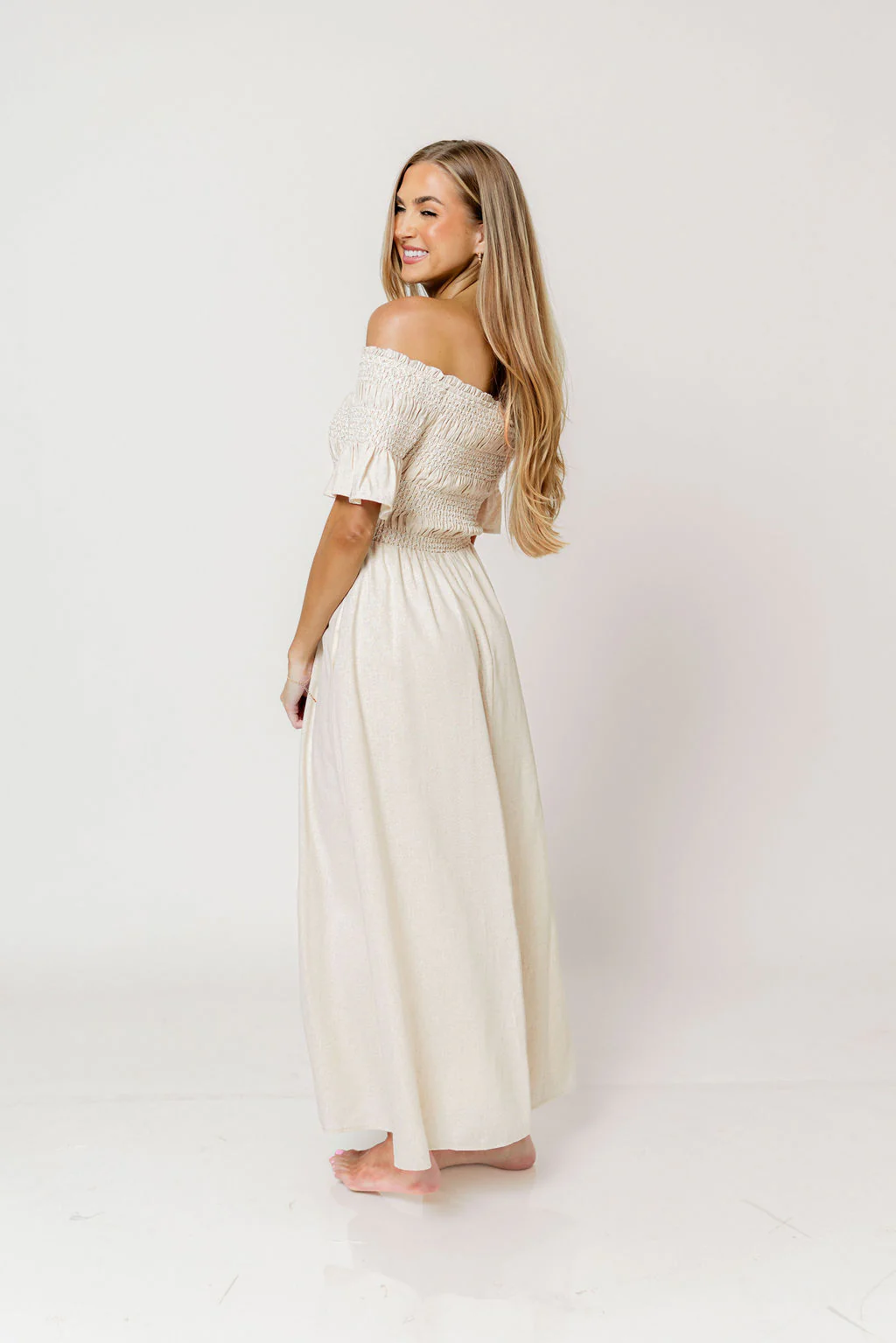Santorini Sunset Off Shoulder Maxi Dress in Oatmeal - Image 5