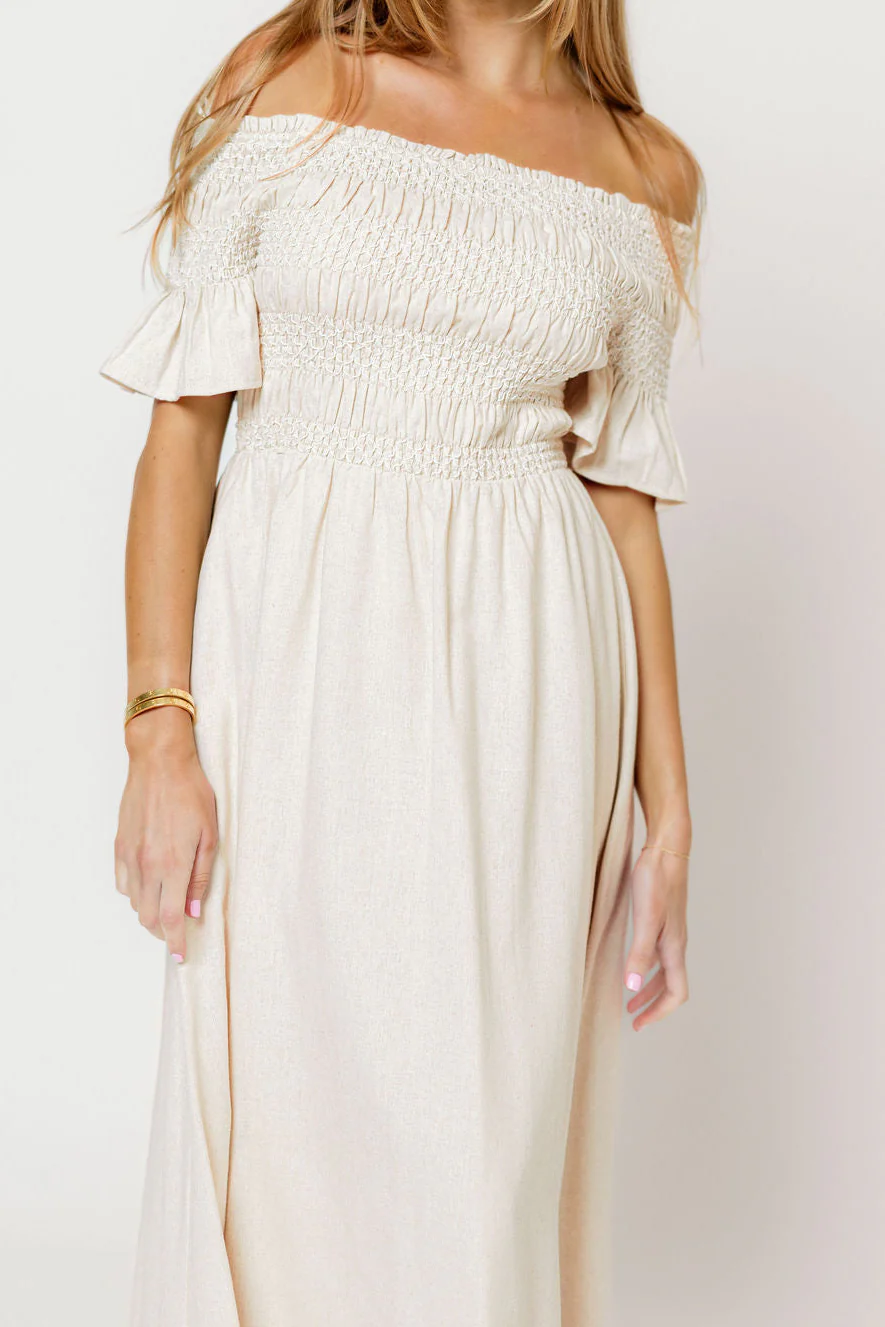 Santorini Sunset Off Shoulder Maxi Dress in Oatmeal - Image 6