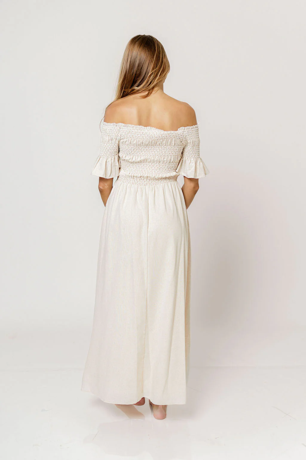 Santorini Sunset Off Shoulder Maxi Dress in Oatmeal - Image 7