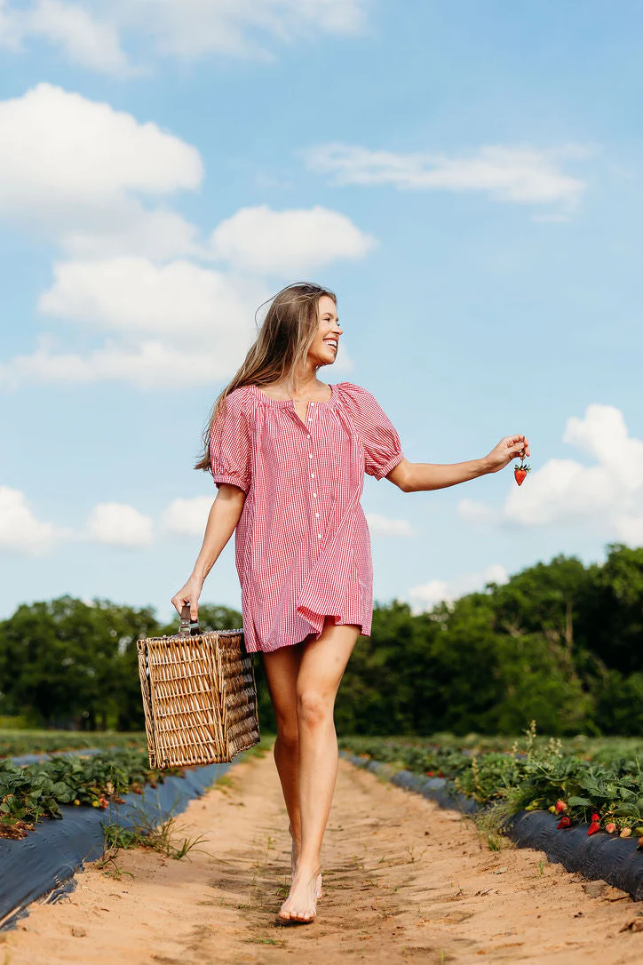 Talia 100% Cotton Mini Dress in Red/White Check - Image 3