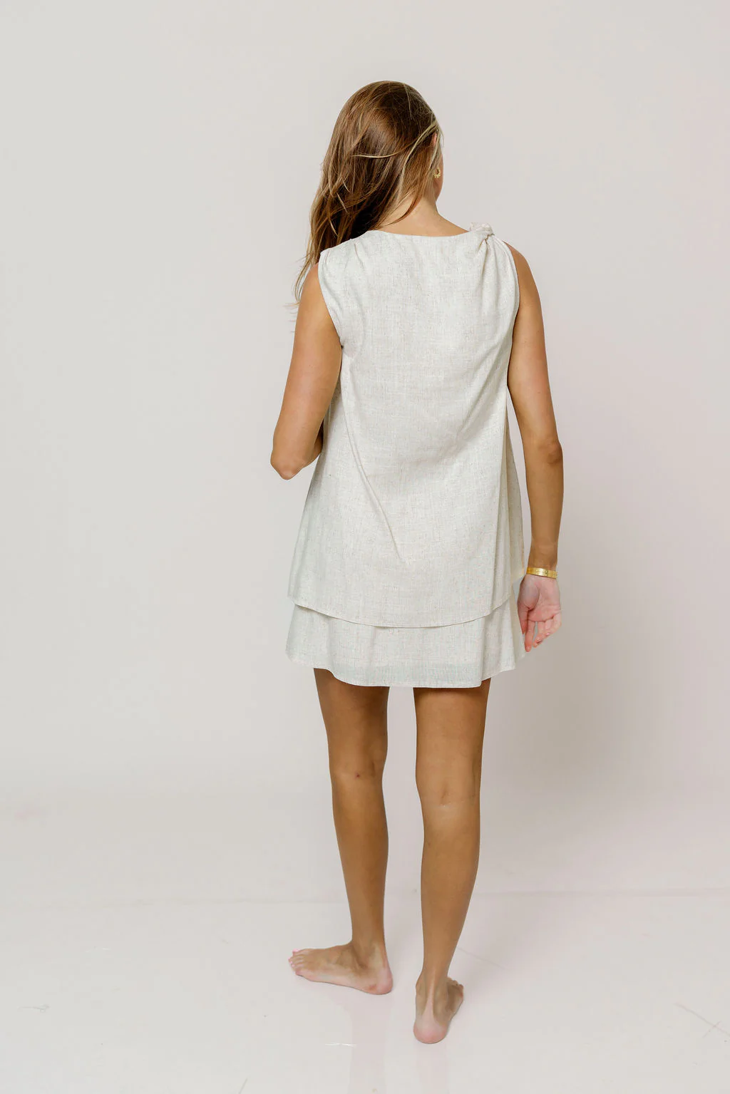 Serenity Linen Layered Twisted Shoulder Detail Mini Dress in Natural - Image 4