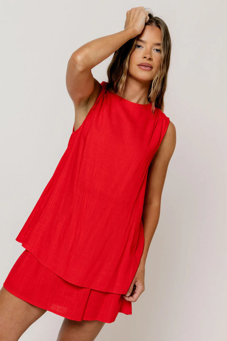 Serenity Linen Layered Twisted Shoulder Detail Mini Dress in Red