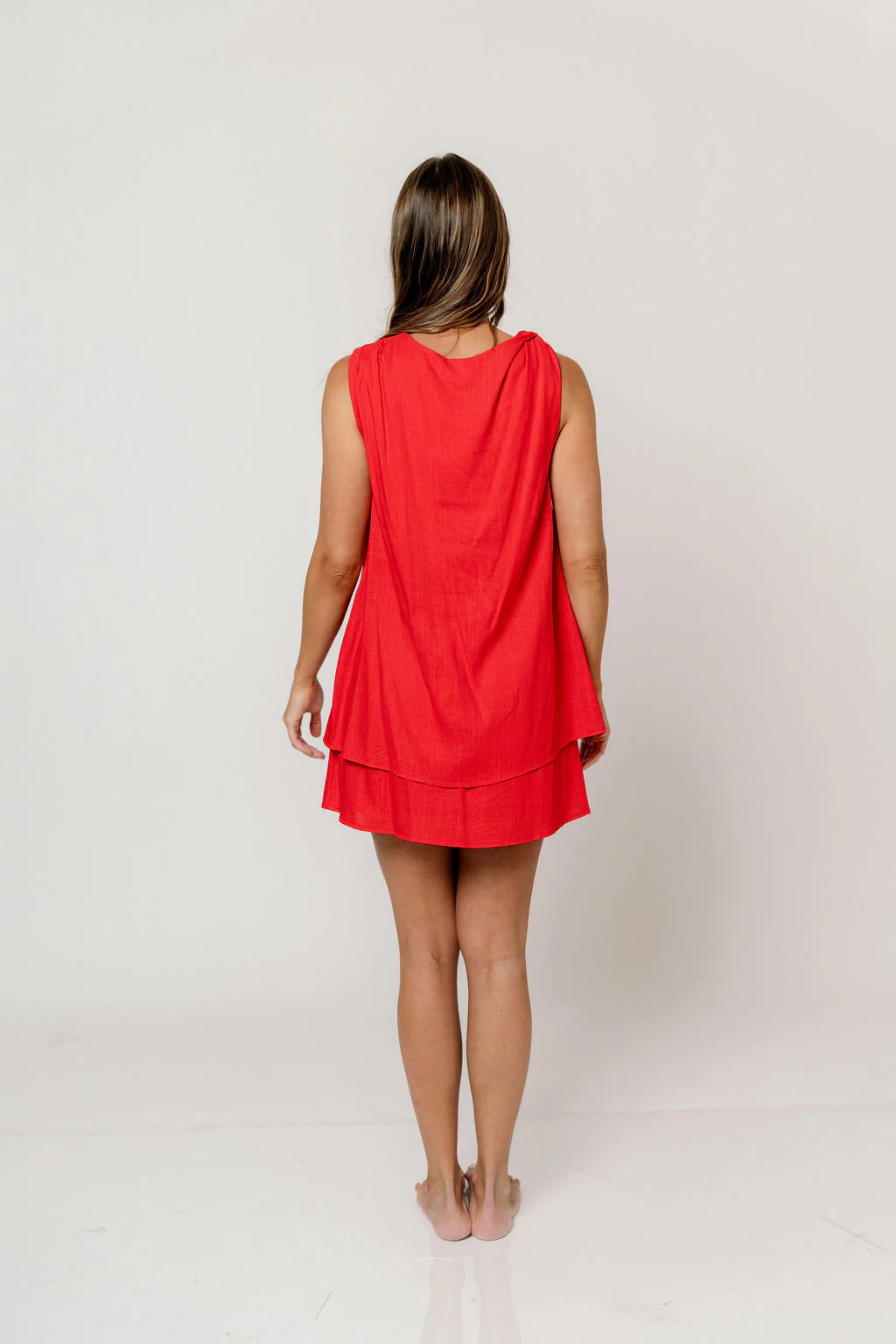 Serenity Linen Layered Twisted Shoulder Detail Mini Dress in Red - Image 7