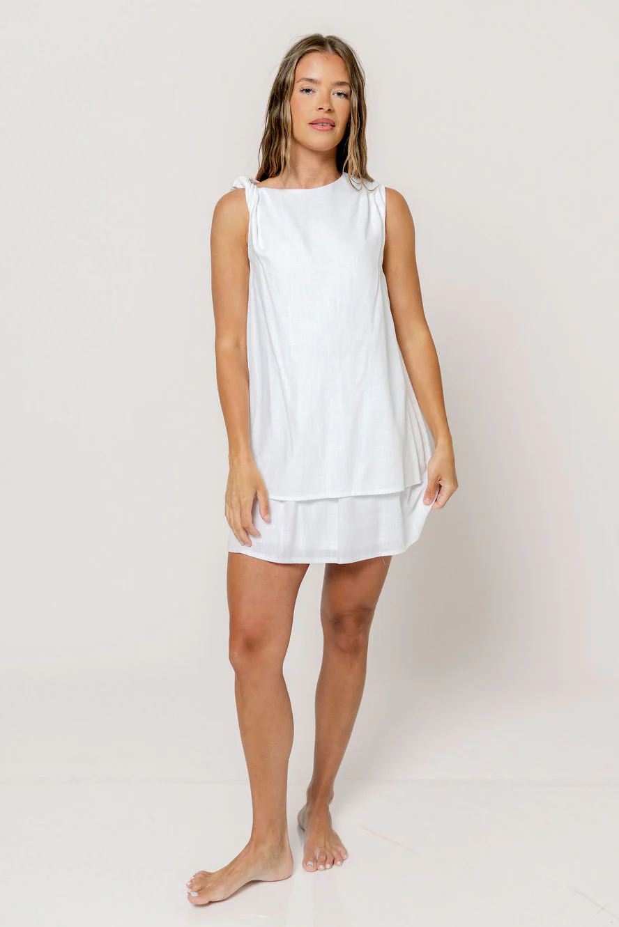 Serenity Linen Layered Twisted Shoulder Detail Mini Dress in White - Image 2