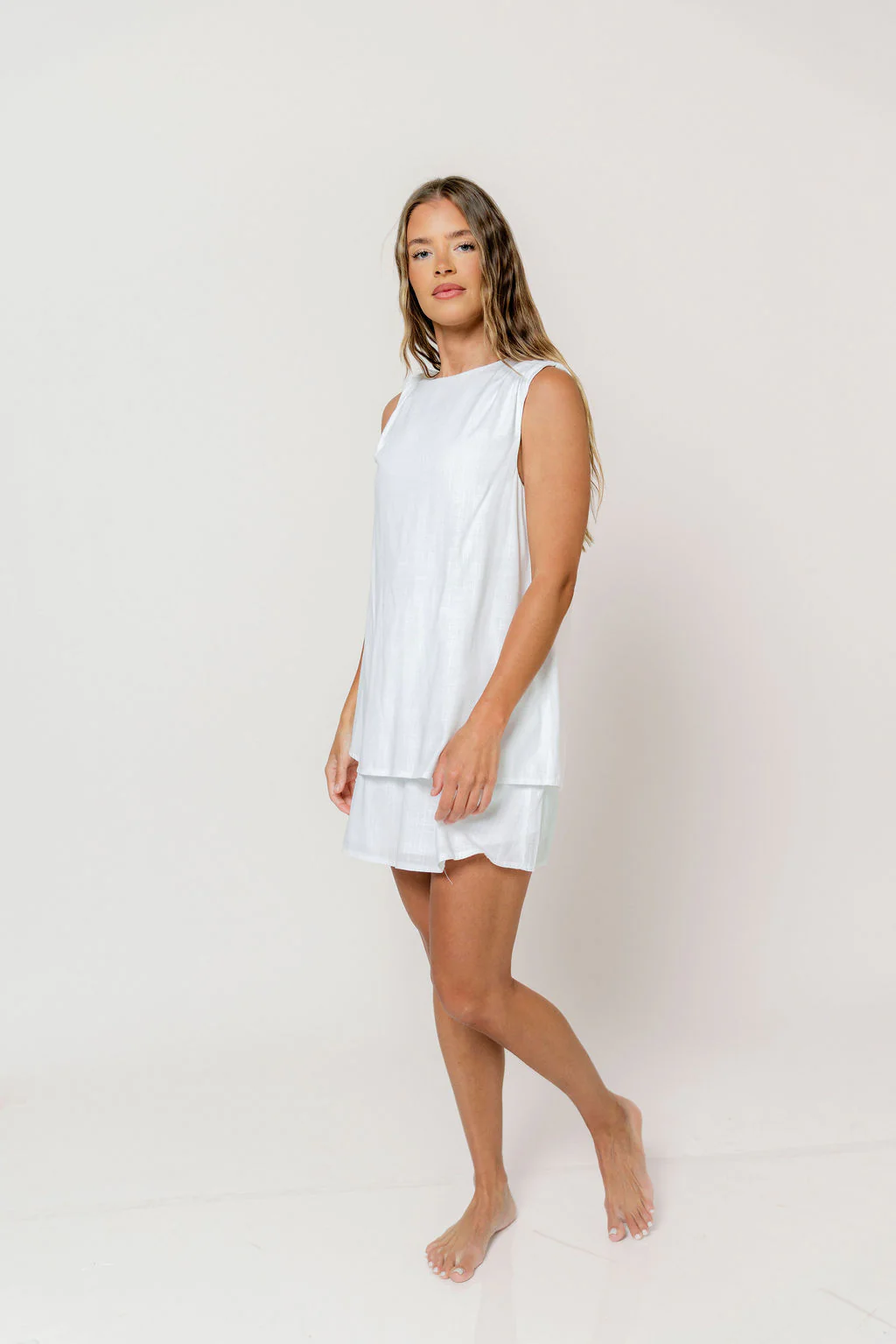 Serenity Linen Layered Twisted Shoulder Detail Mini Dress in White - Image 5