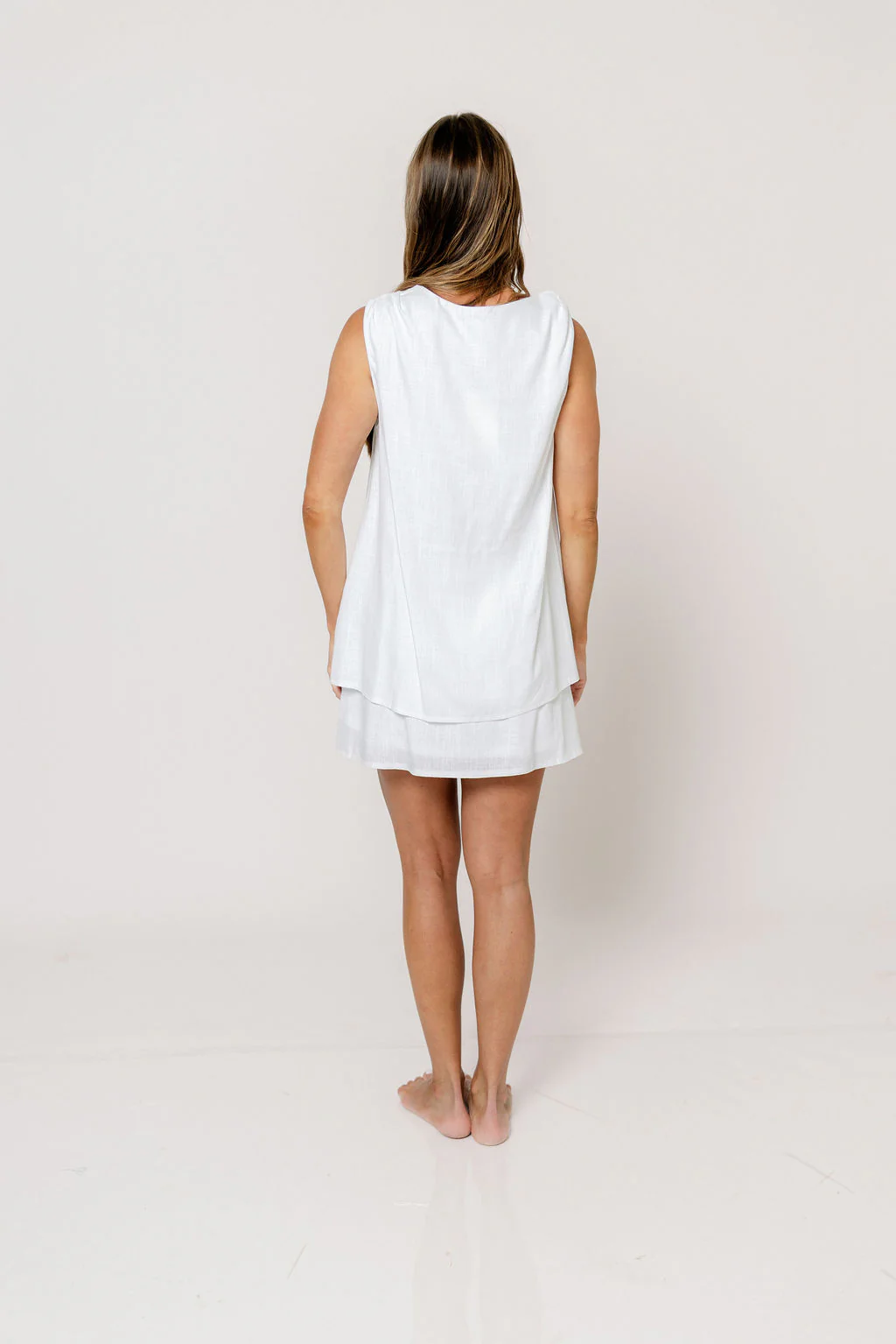 Serenity Linen Layered Twisted Shoulder Detail Mini Dress in White - Image 7