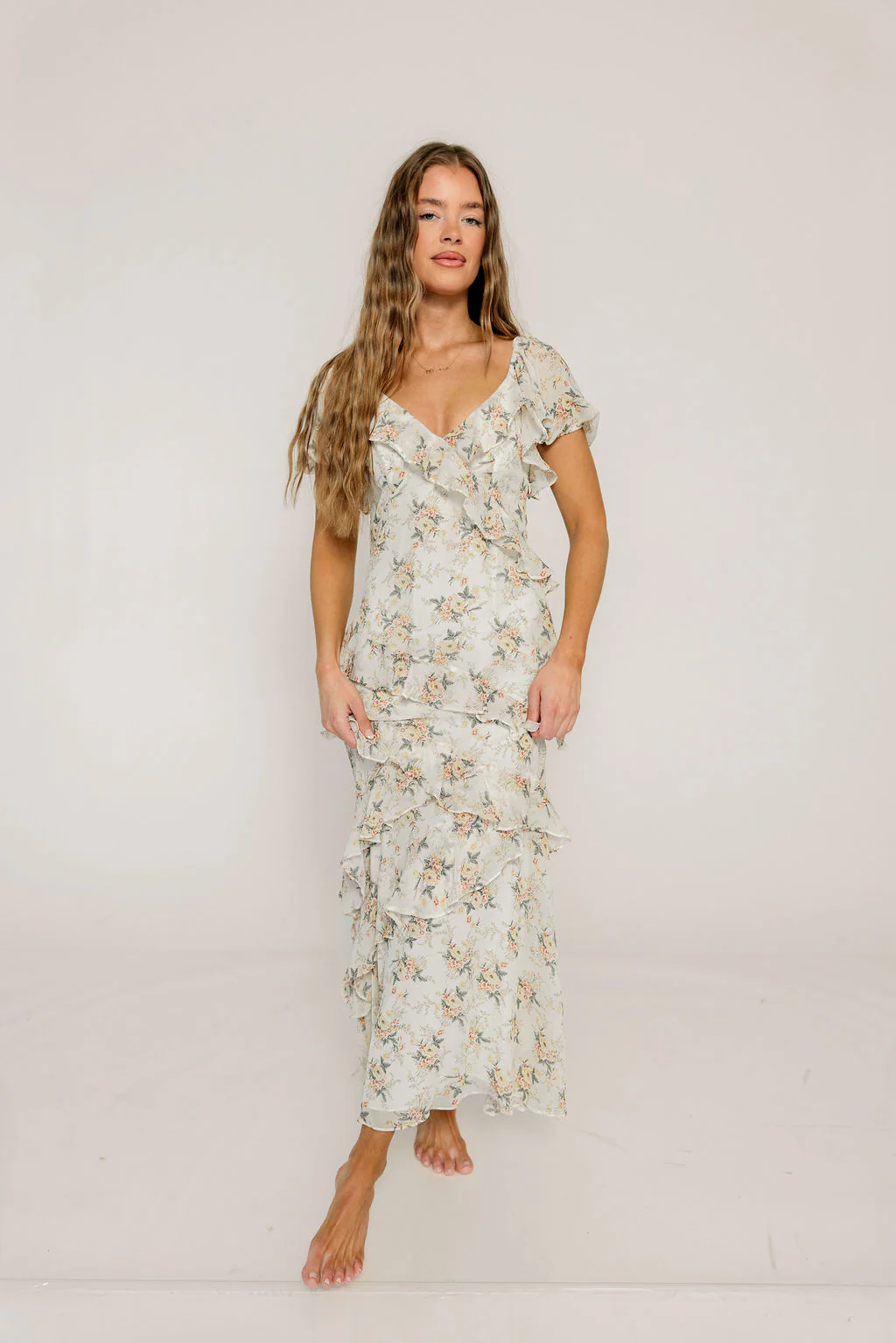 Shira Puff Sleeve Ruffle Maxi Dress in Ivory/Multi Floral