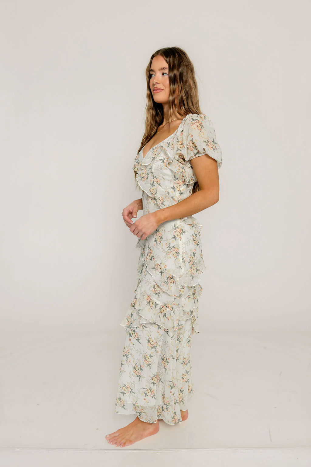 Shira Puff Sleeve Ruffle Maxi Dress in Ivory/Multi Floral - Image 2
