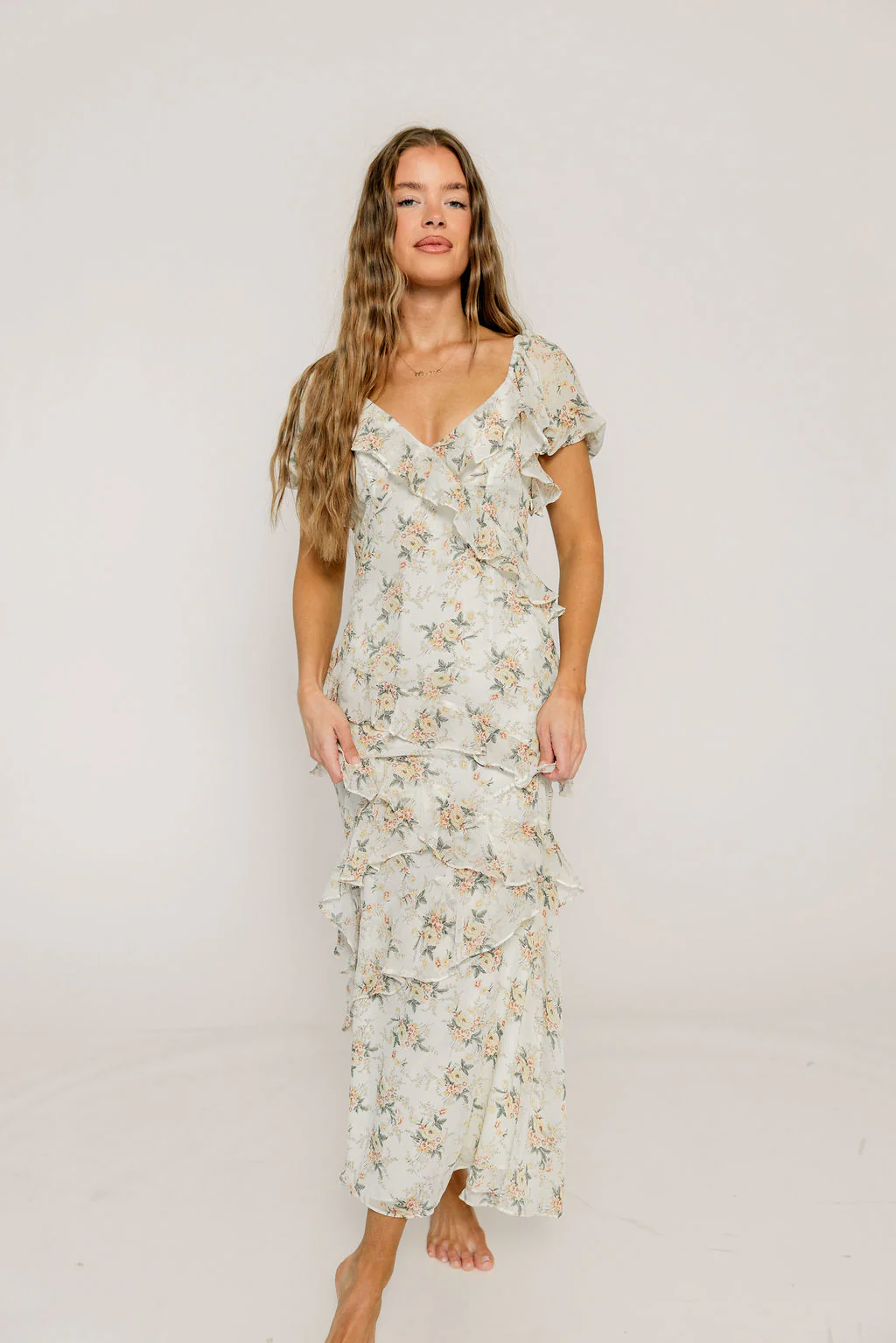 Shira Puff Sleeve Ruffle Maxi Dress in Ivory/Multi Floral - Image 4