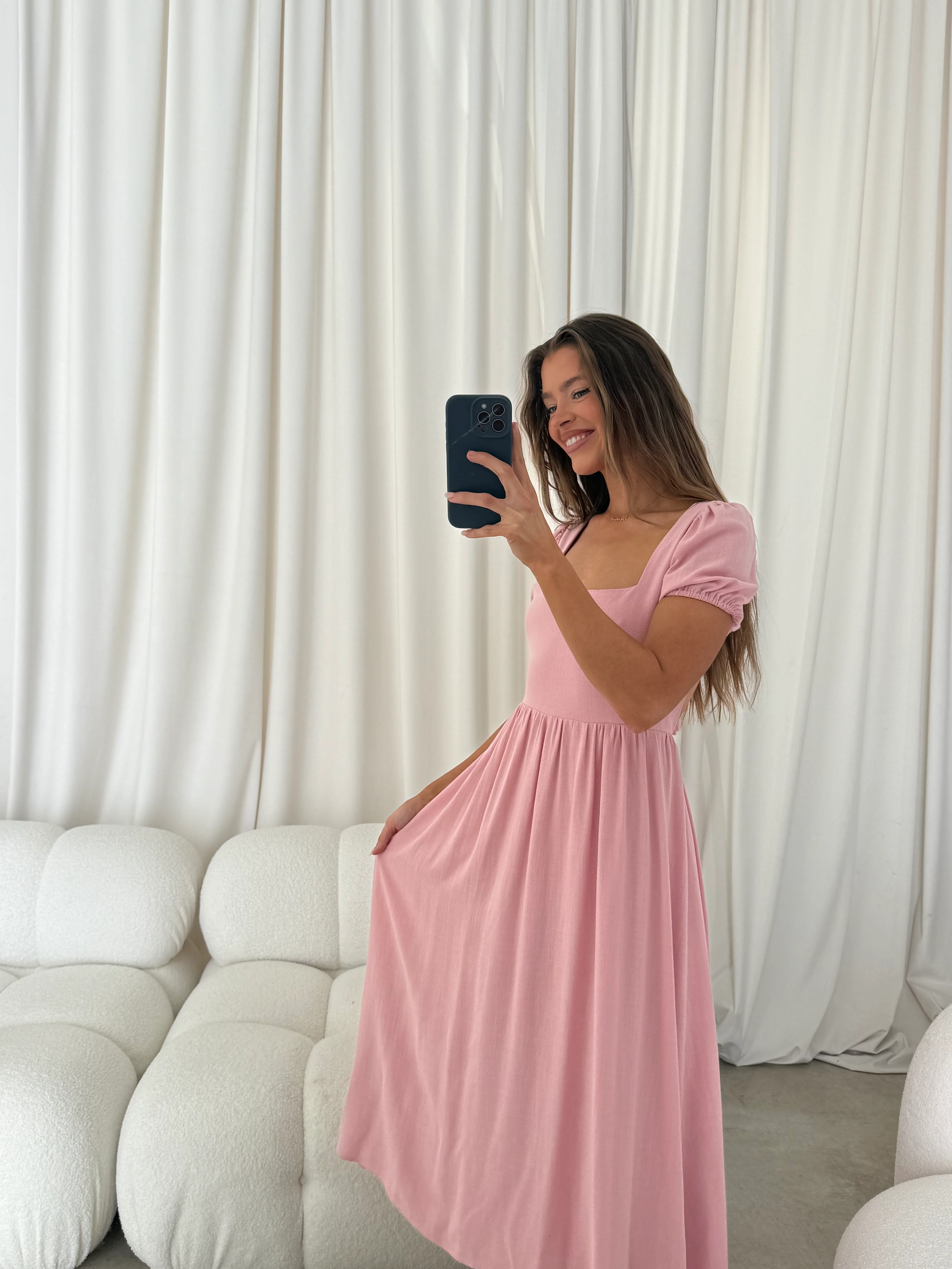 August Open Back Midi Dress in Peony - Bump Friendly - Image 12