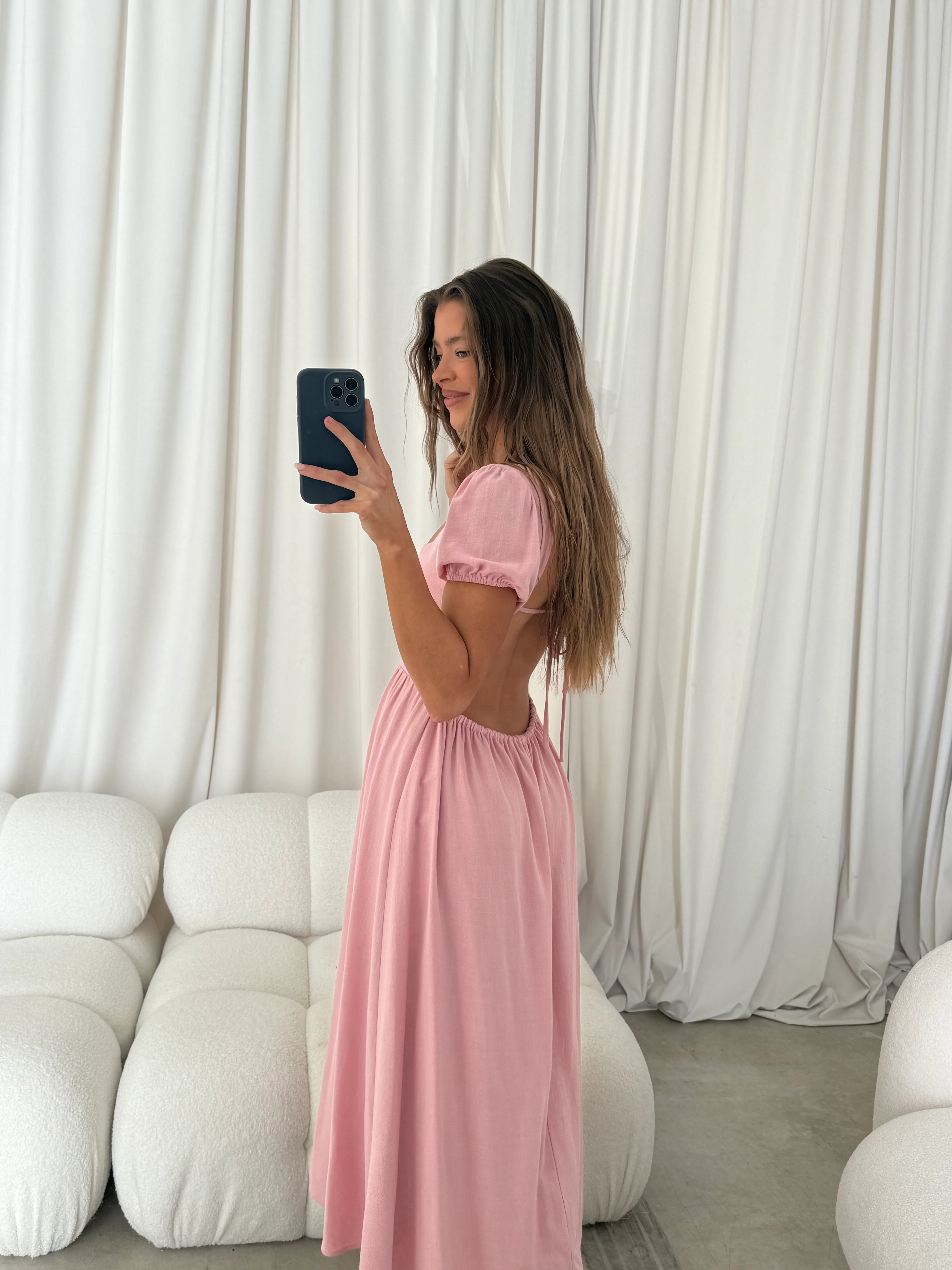 August Open Back Midi Dress in Peony - Bump Friendly - Image 13