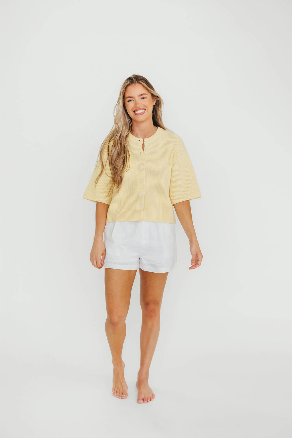 Karen Short Sleeve Cardigan in Yellow - Image 3