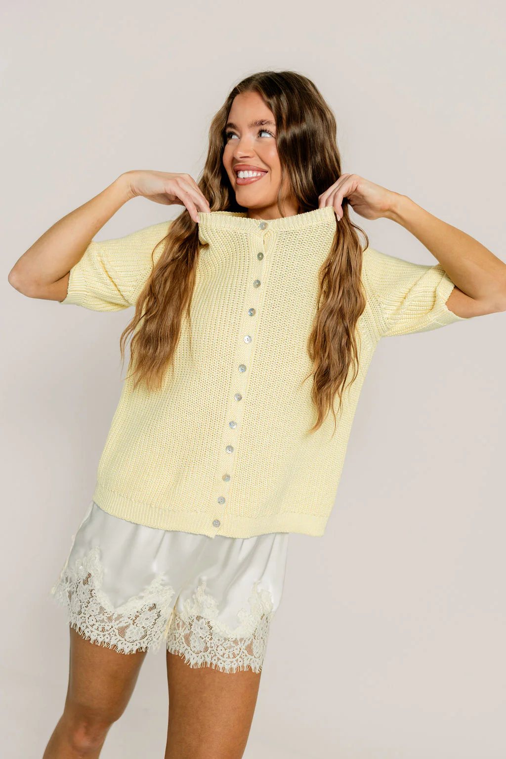 Pauline 100% Cotton Puff Sleeve Button Up Sweater Top in Lemon - Image 10