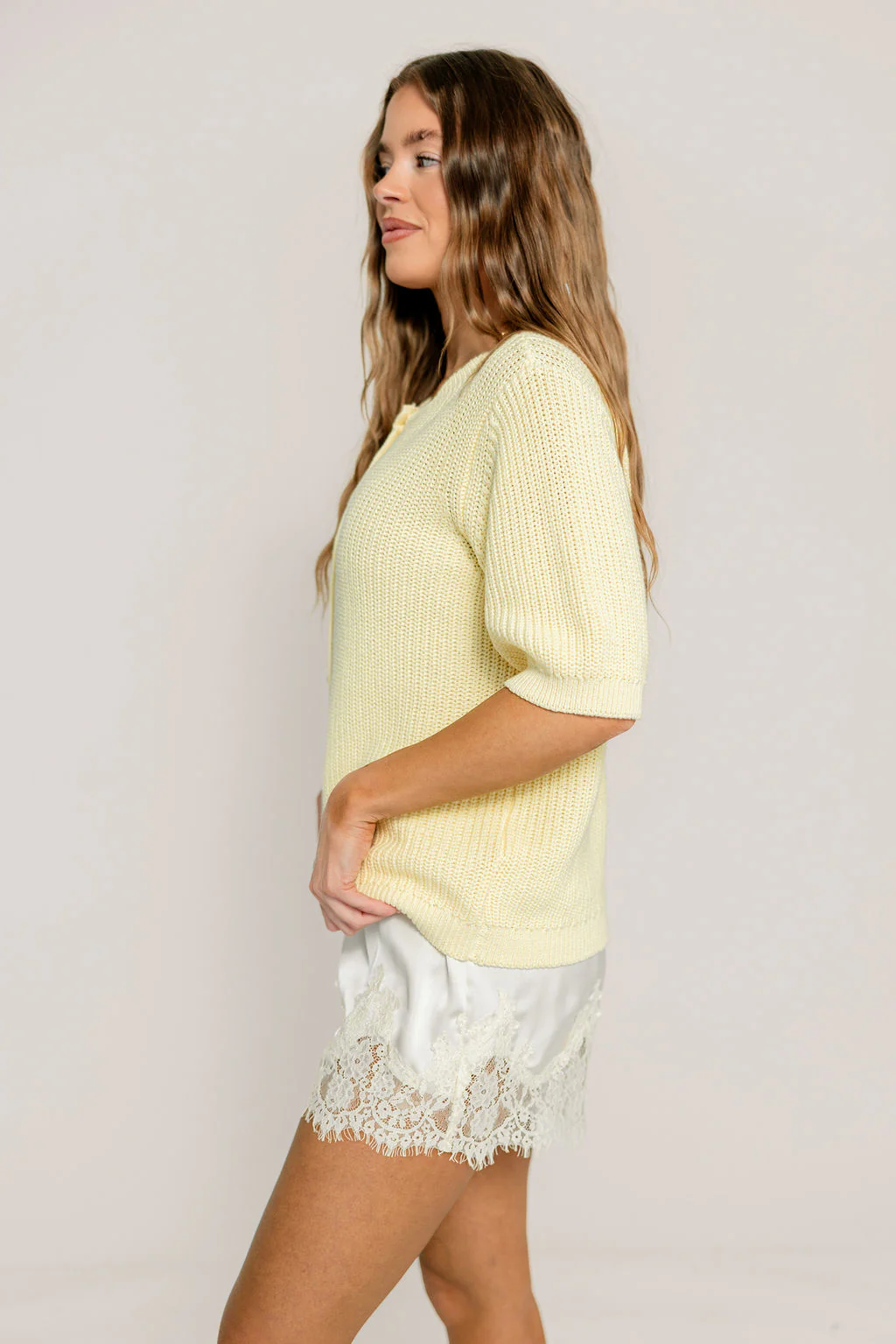 Pauline 100% Cotton Puff Sleeve Button Up Sweater Top in Lemon - Image 4