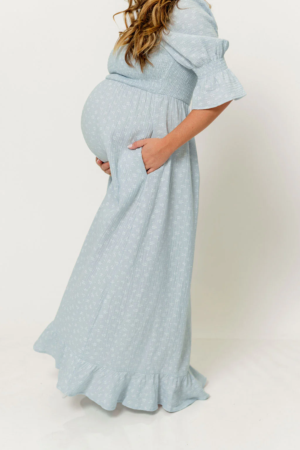 Sienna 100% Cotton Puff Sleeve Maxi Dress in Baby Blue Foliage - Bump Friendly