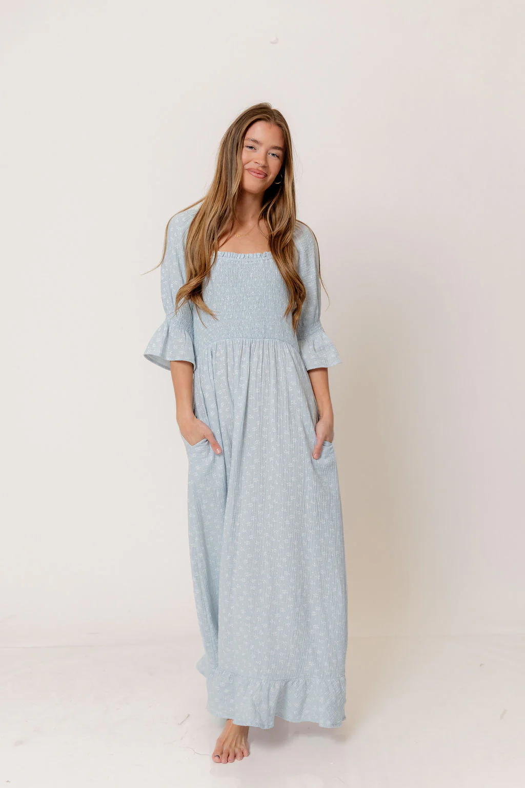 Sienna 100% Cotton Puff Sleeve Maxi Dress in Baby Blue Foliage - Bump Friendly - Image 10