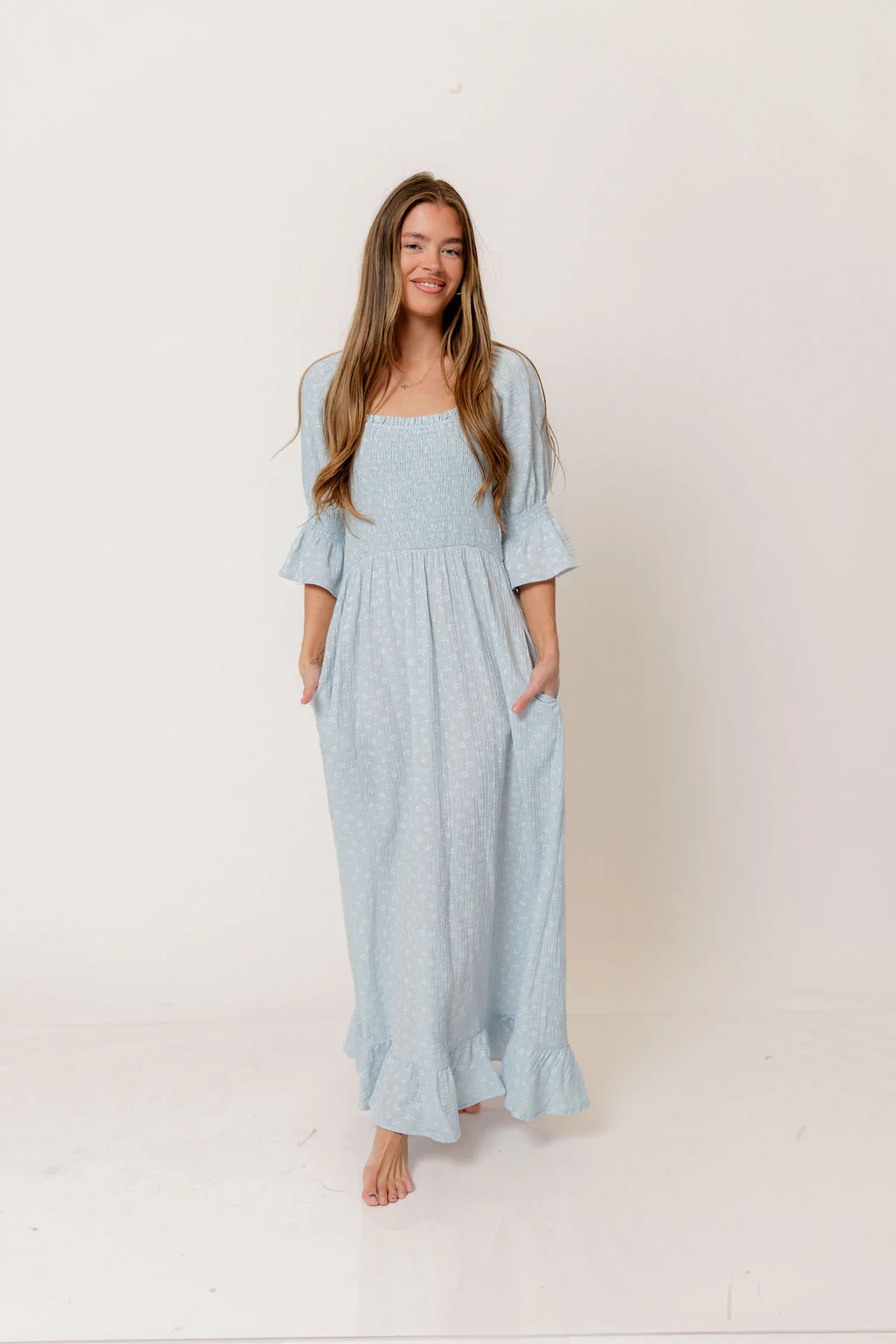 Sienna 100% Cotton Puff Sleeve Maxi Dress in Baby Blue Foliage - Bump Friendly - Image 11