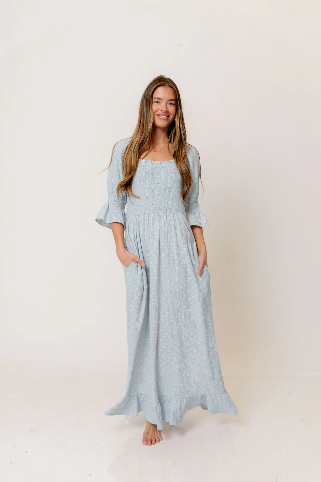 Sienna 100% Cotton Puff Sleeve Maxi Dress in Baby Blue Foliage - Bump Friendly - Image 12