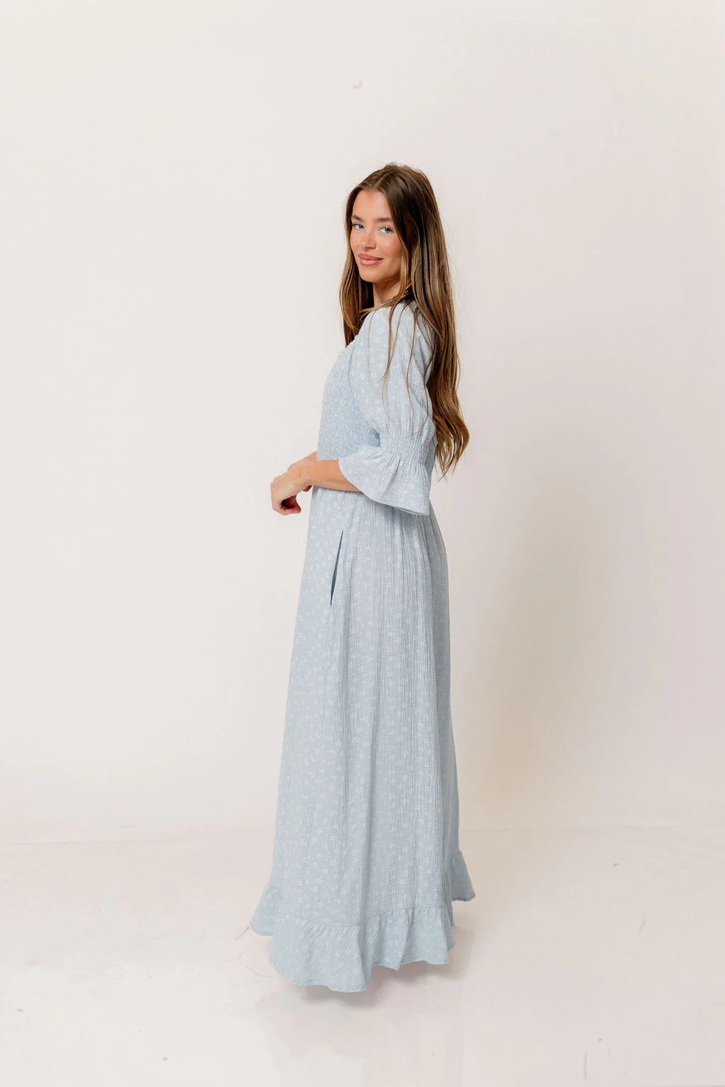 Sienna 100% Cotton Puff Sleeve Maxi Dress in Baby Blue Foliage - Bump Friendly - Image 13