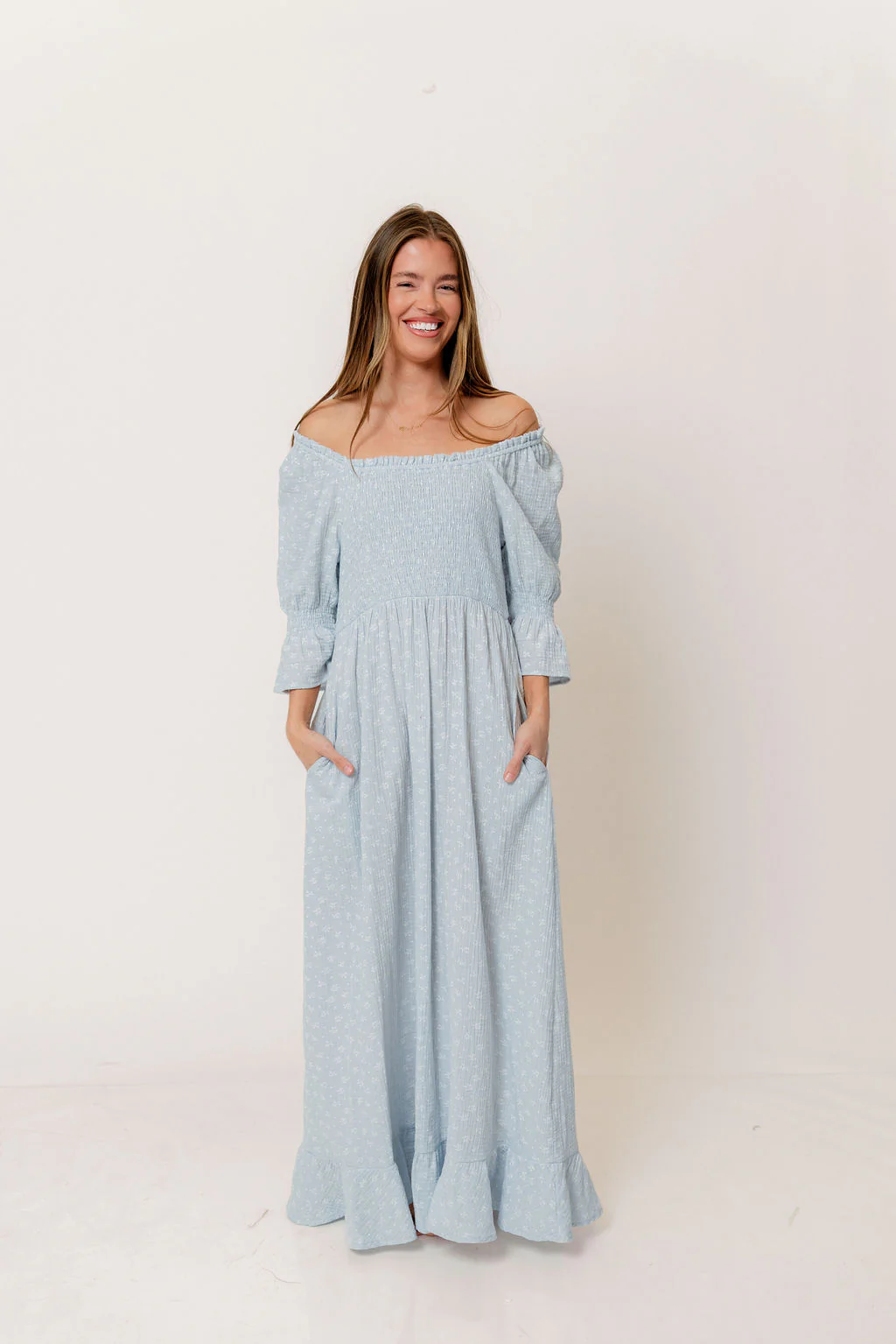 Sienna 100% Cotton Puff Sleeve Maxi Dress in Baby Blue Foliage - Bump Friendly - Image 15