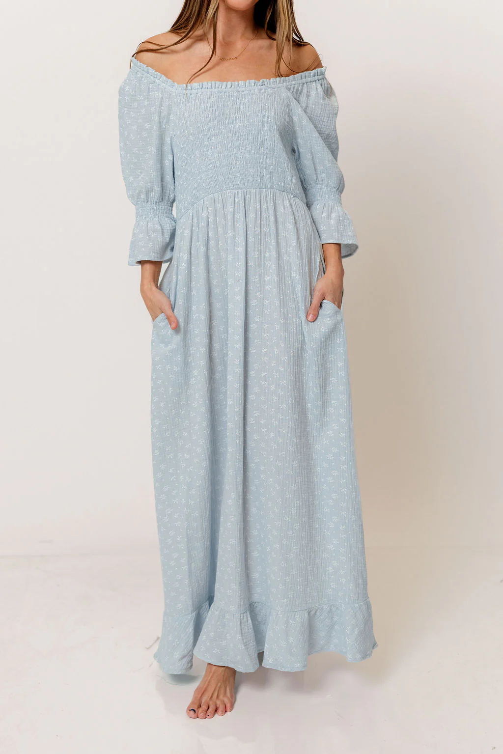 Sienna 100% Cotton Puff Sleeve Maxi Dress in Baby Blue Foliage - Bump Friendly - Image 16