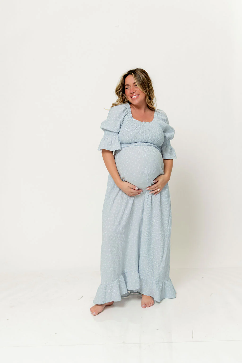 Sienna 100% Cotton Puff Sleeve Maxi Dress in Baby Blue Foliage - Bump Friendly - Image 2