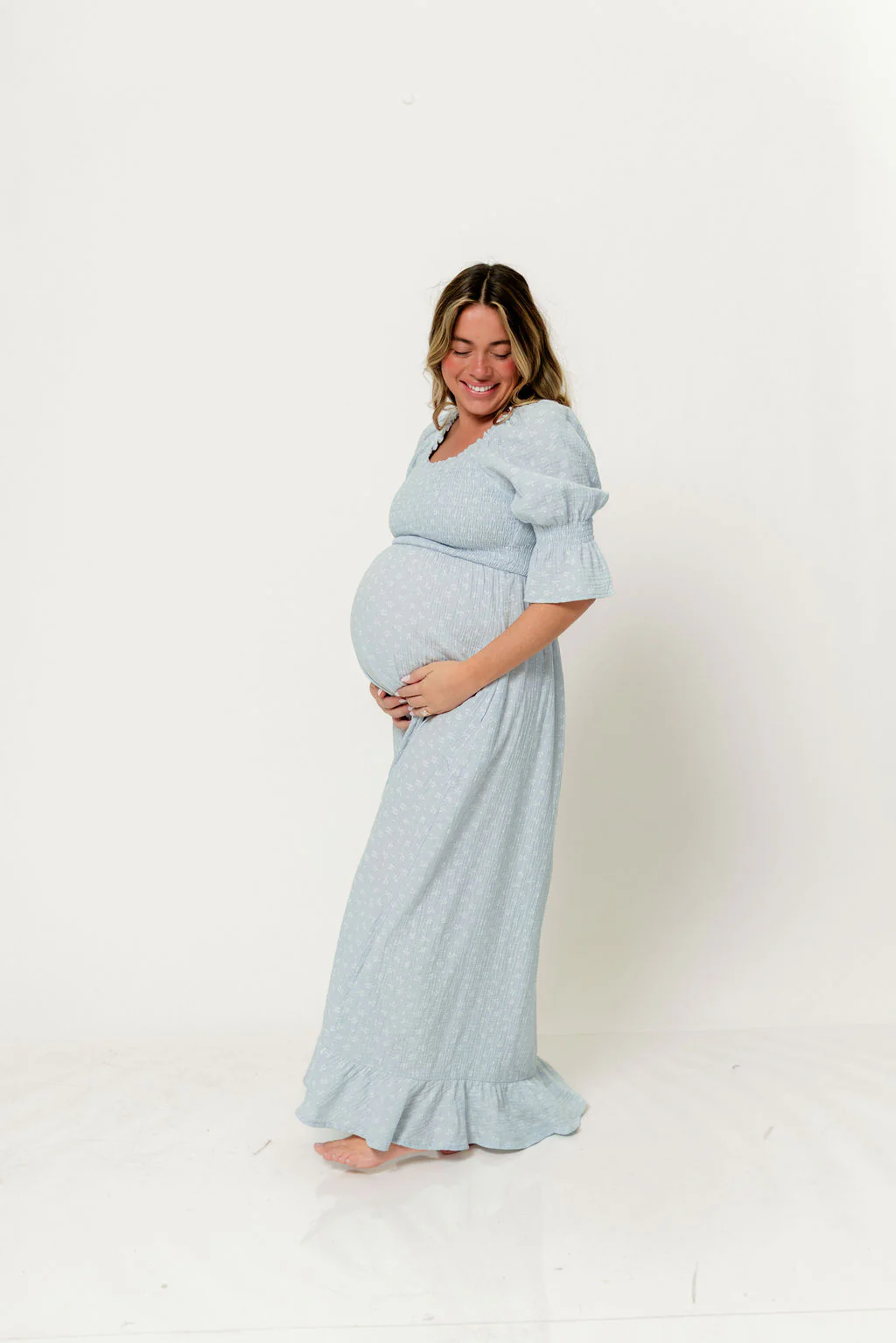 Sienna 100% Cotton Puff Sleeve Maxi Dress in Baby Blue Foliage - Bump Friendly - Image 4