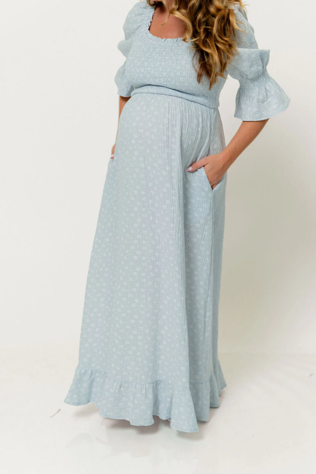 Sienna 100% Cotton Puff Sleeve Maxi Dress in Baby Blue Foliage - Bump Friendly - Image 6