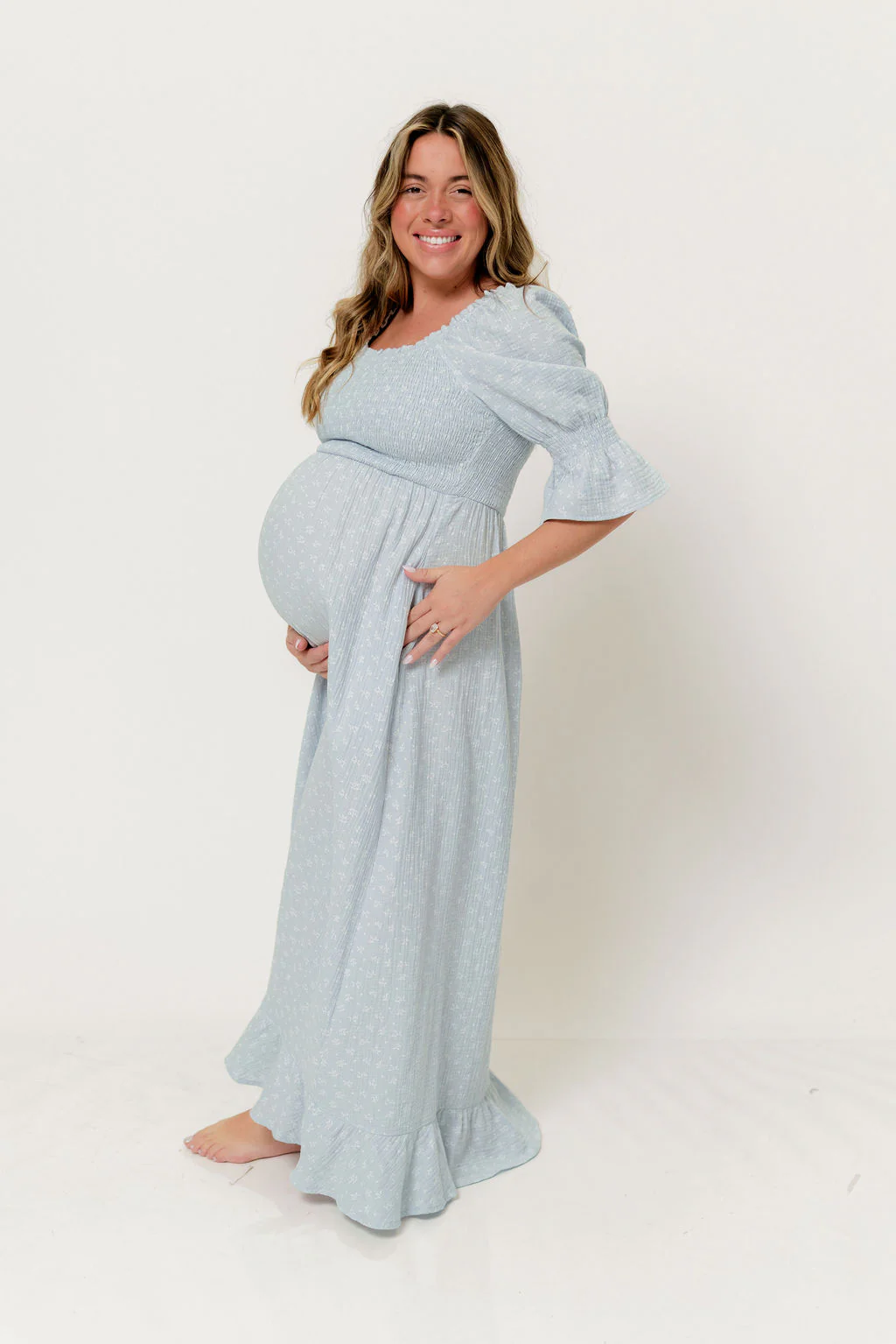 Sienna 100% Cotton Puff Sleeve Maxi Dress in Baby Blue Foliage - Bump Friendly - Image 7