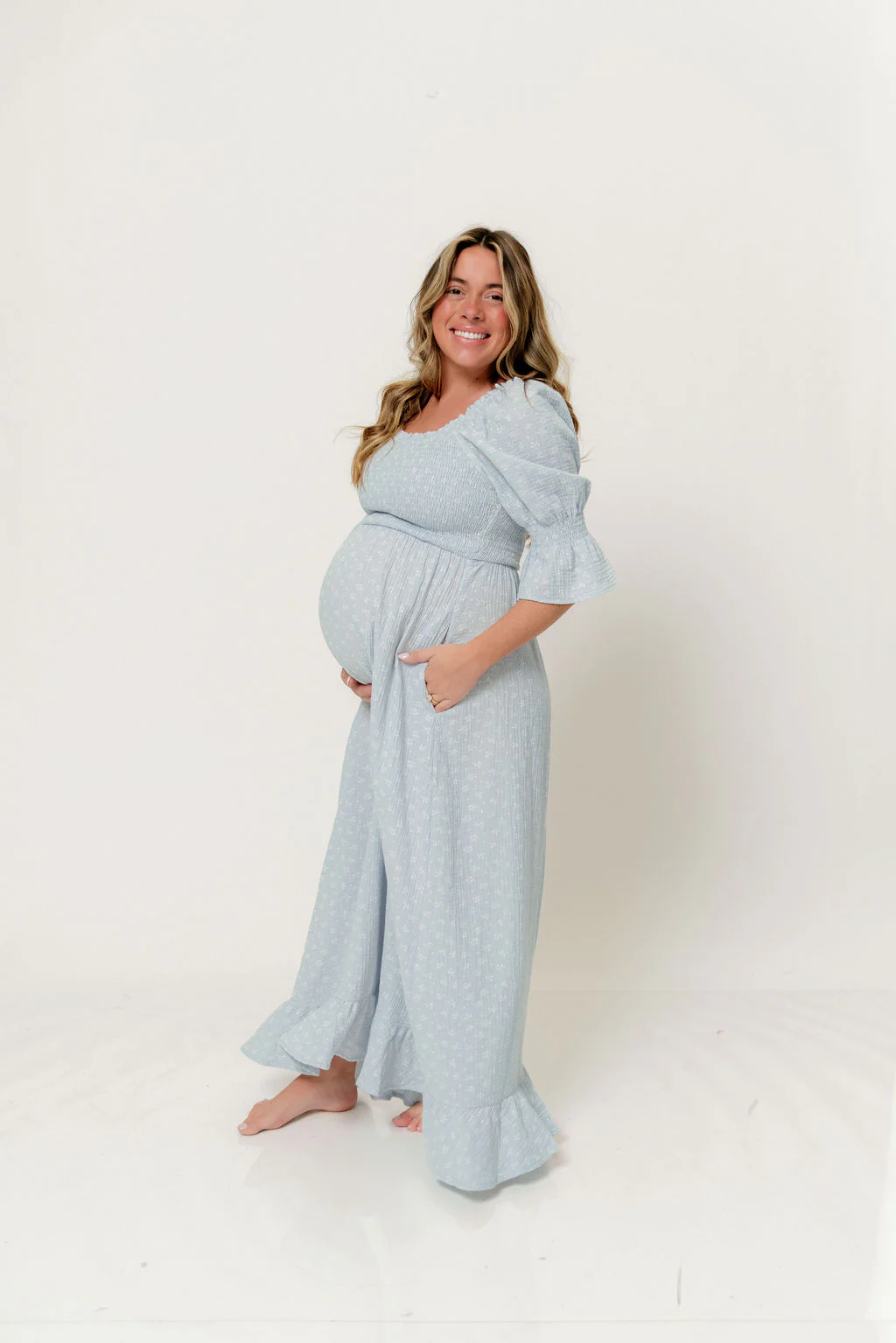 Sienna 100% Cotton Puff Sleeve Maxi Dress in Baby Blue Foliage - Bump Friendly - Image 8