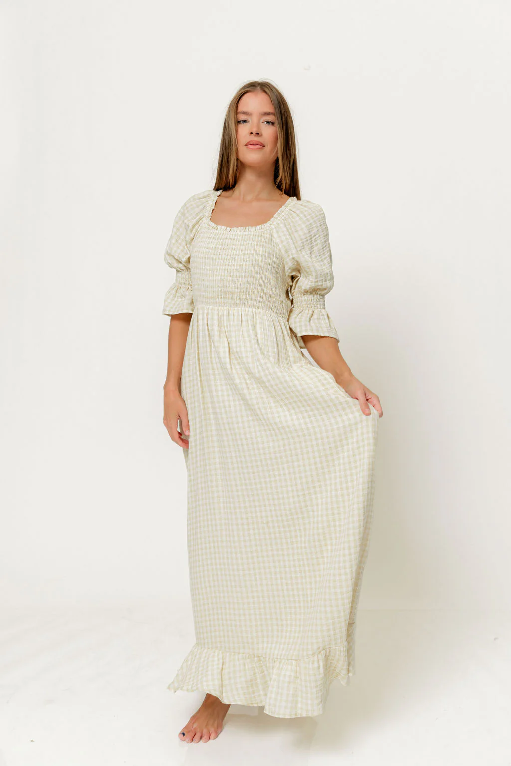 Sienna 100% Cotton Puff Sleeve Maxi Dress in Custard Plaid (Lined) - Bump Friendly - Image 2