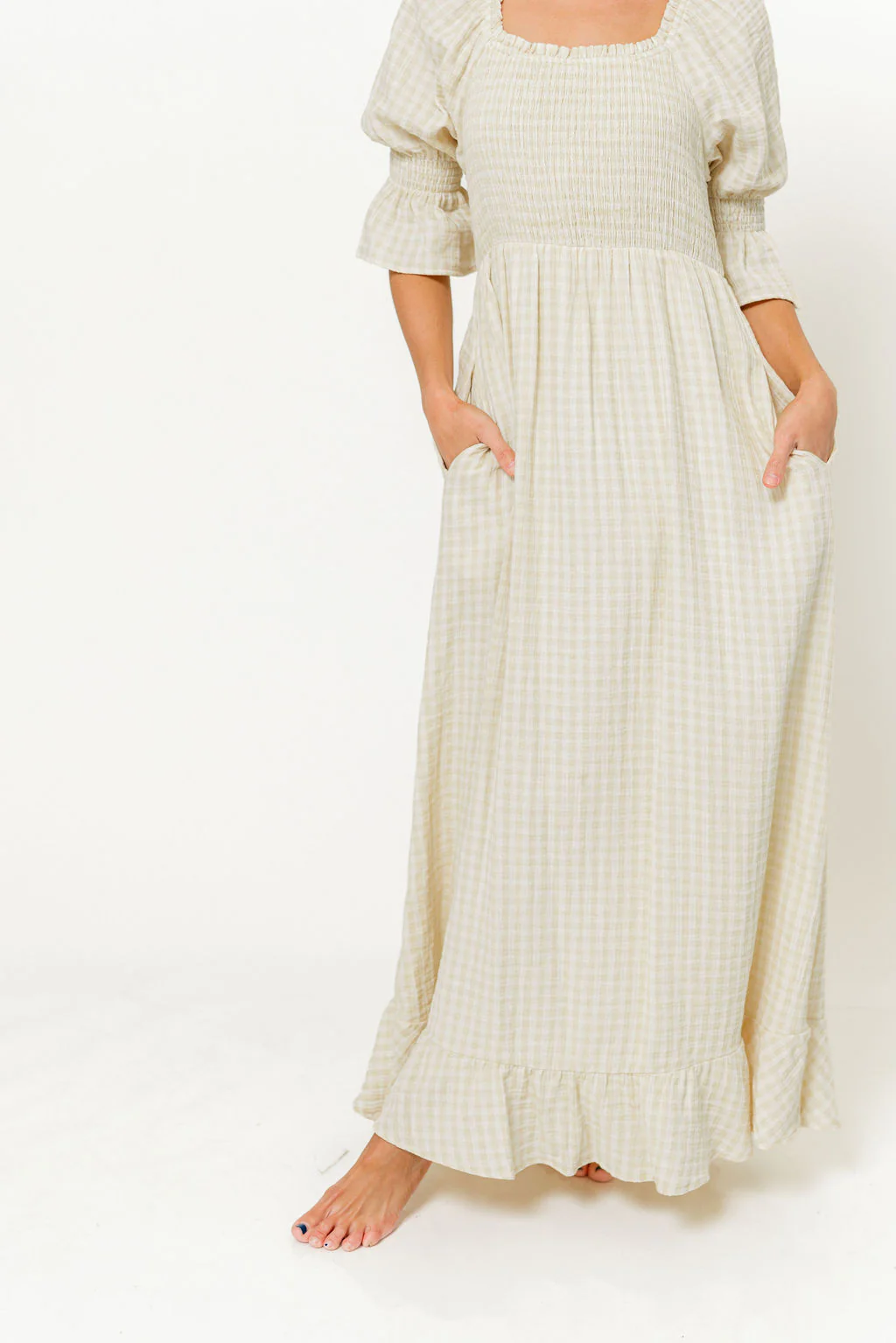 Sienna 100% Cotton Puff Sleeve Maxi Dress in Custard Plaid (Lined) - Bump Friendly - Image 3
