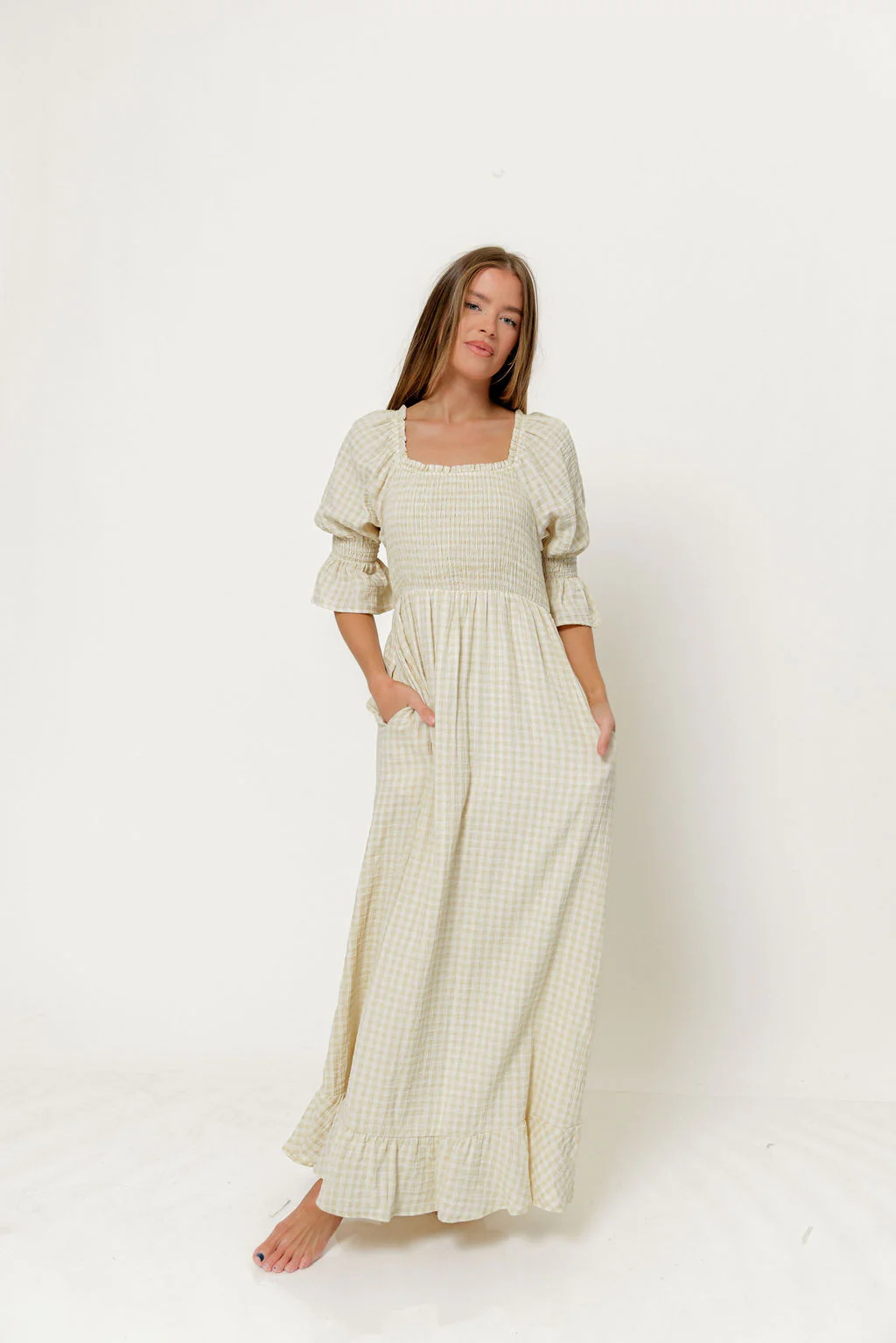 Sienna 100% Cotton Puff Sleeve Maxi Dress in Custard Plaid (Lined) - Bump Friendly - Image 4