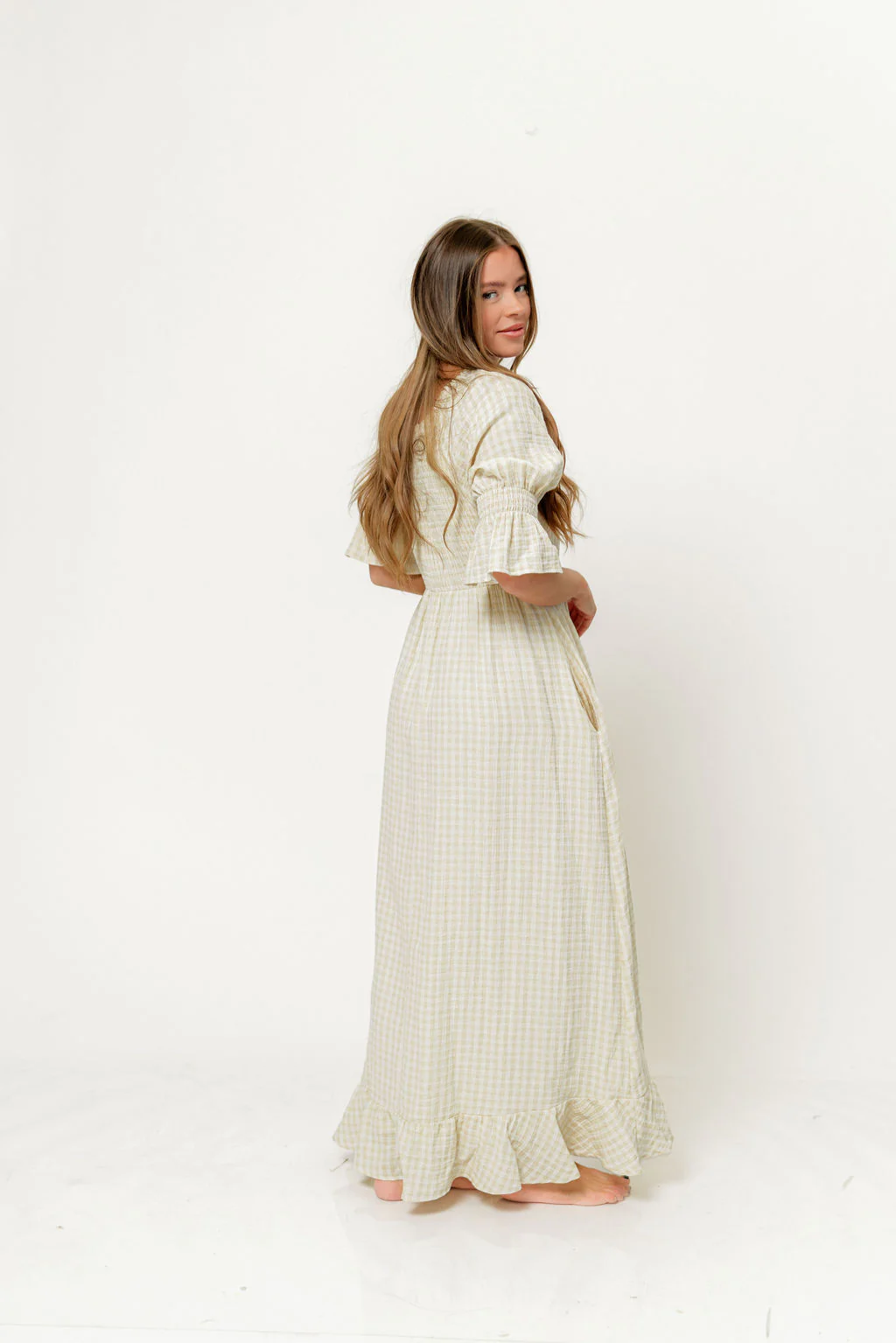 Sienna 100% Cotton Puff Sleeve Maxi Dress in Custard Plaid (Lined) - Bump Friendly - Image 5
