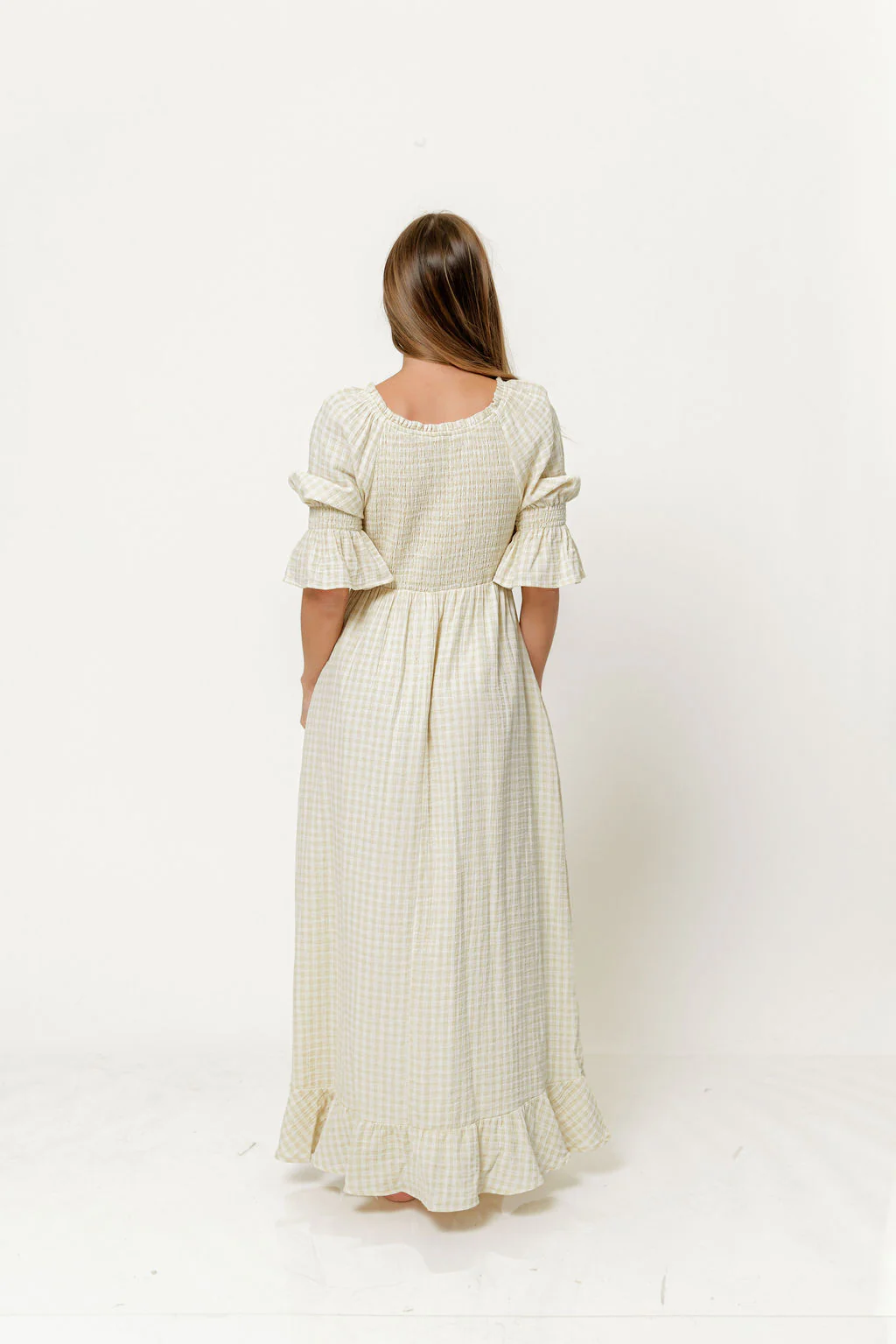 Sienna 100% Cotton Puff Sleeve Maxi Dress in Custard Plaid (Lined) - Bump Friendly - Image 6