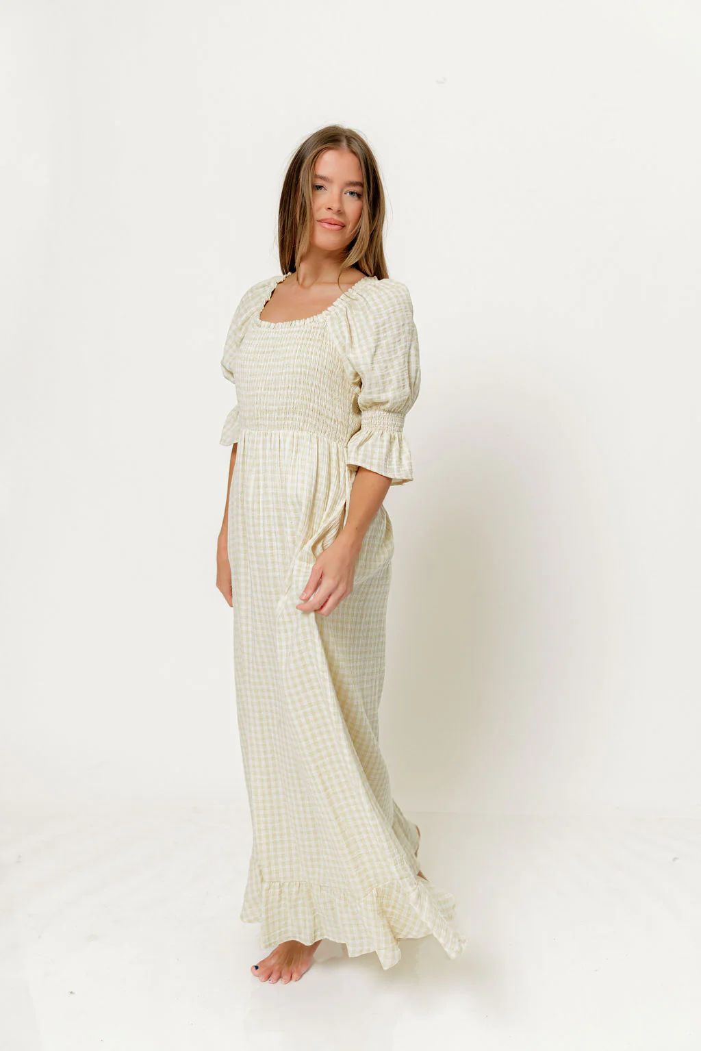 Sienna 100% Cotton Puff Sleeve Maxi Dress in Custard Plaid (Lined) - Bump Friendly - Image 8