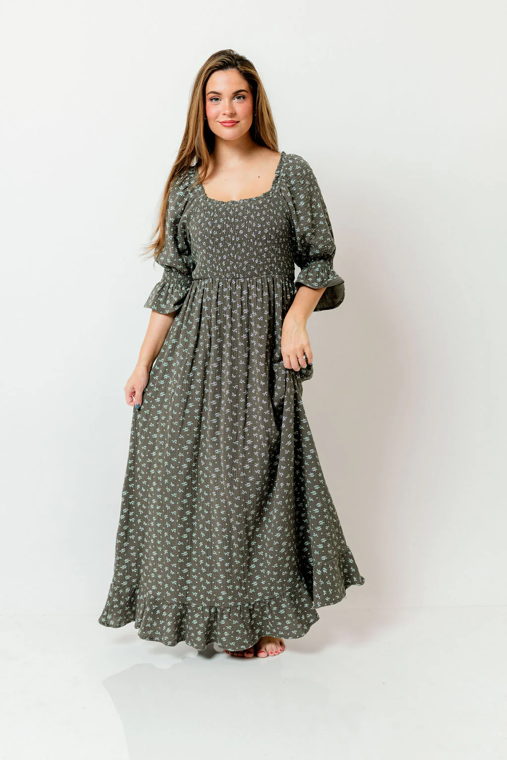 Sienna 100% Cotton Puff Sleeve Maxi Dress in Forest Foliage - Bump Friendly - Image 16