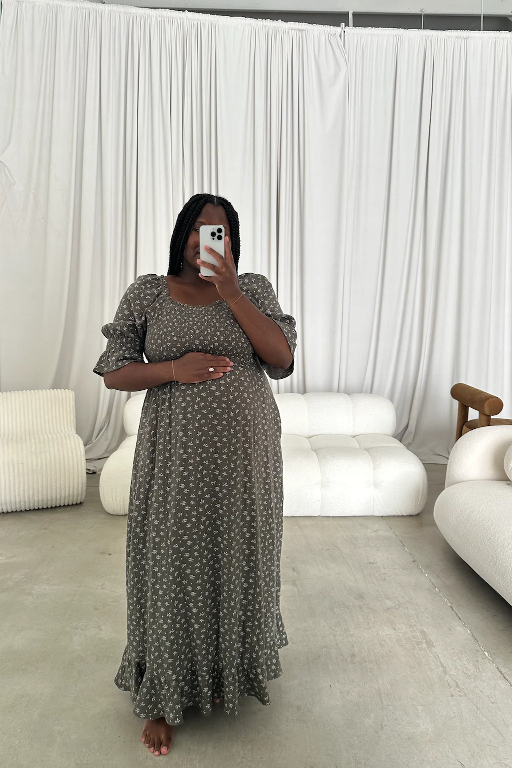 Sienna 100% Cotton Puff Sleeve Maxi Dress in Forest Foliage - Bump Friendly - Image 2