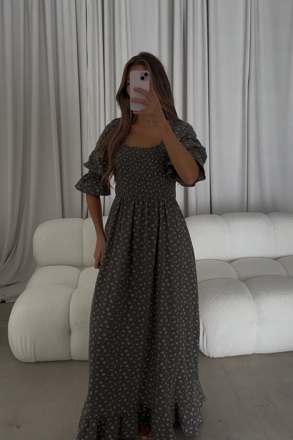 Sienna 100% Cotton Puff Sleeve Maxi Dress in Forest Foliage - Bump Friendly - Image 3