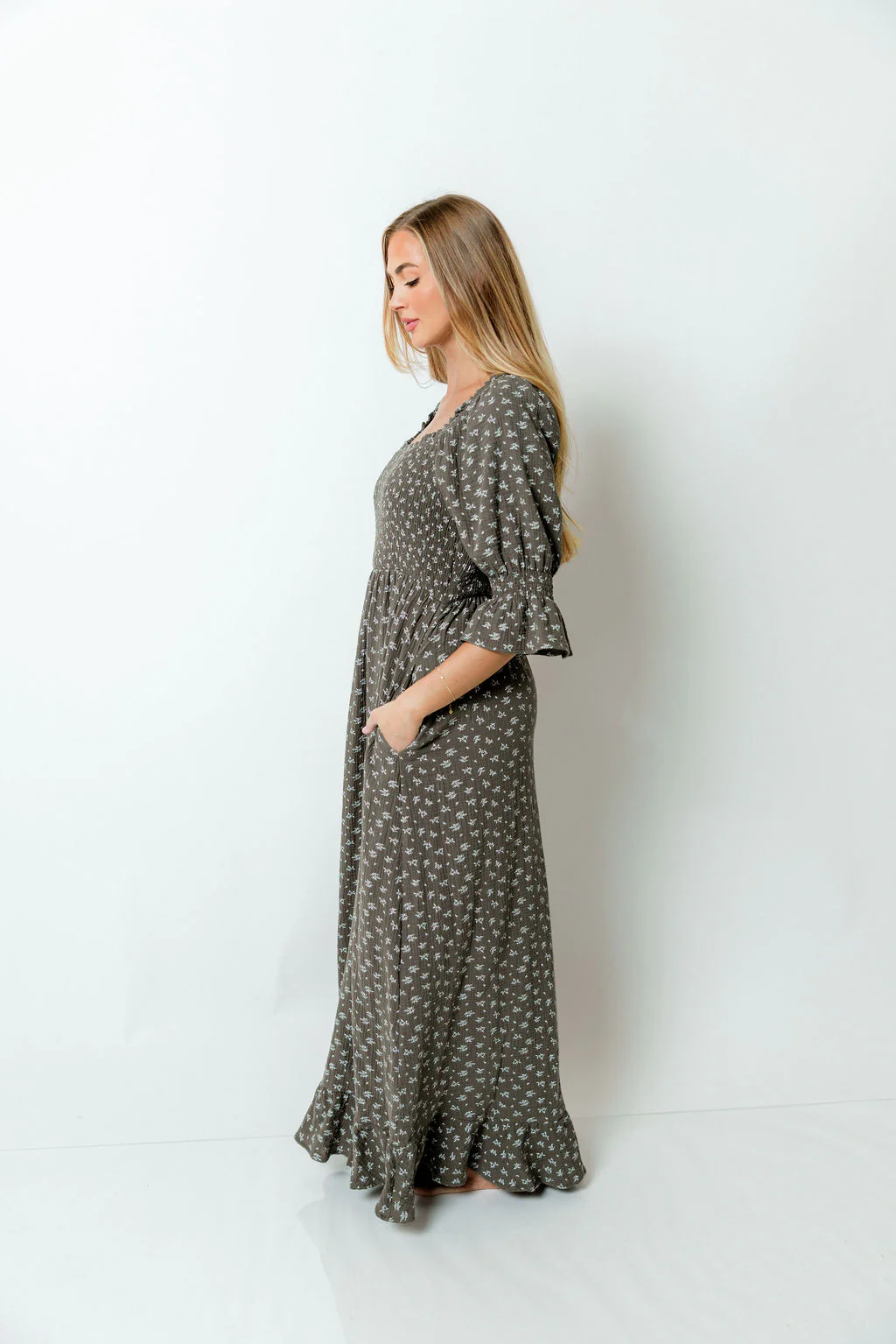 Sienna 100% Cotton Puff Sleeve Maxi Dress in Forest Foliage - Bump Friendly - Image 5