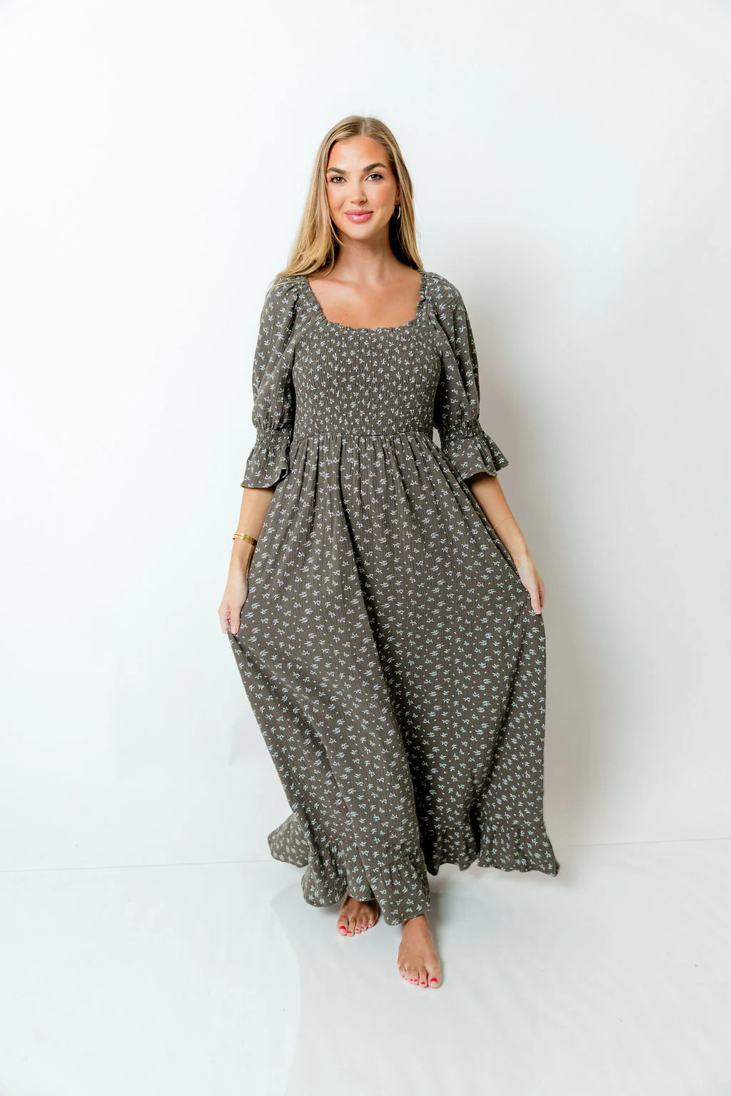 Sienna 100% Cotton Puff Sleeve Maxi Dress in Forest Foliage - Bump Friendly - Image 6