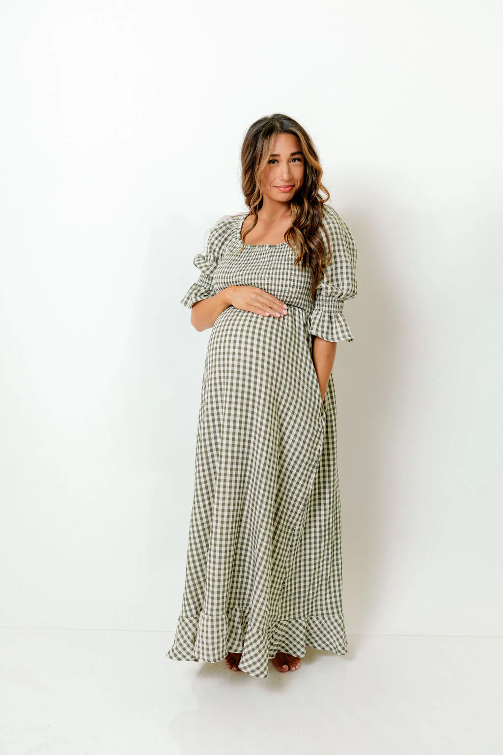 Sienna 100% Cotton Puff Sleeve Maxi Dress in Forest Plaid (Lined) - Bump Friendly