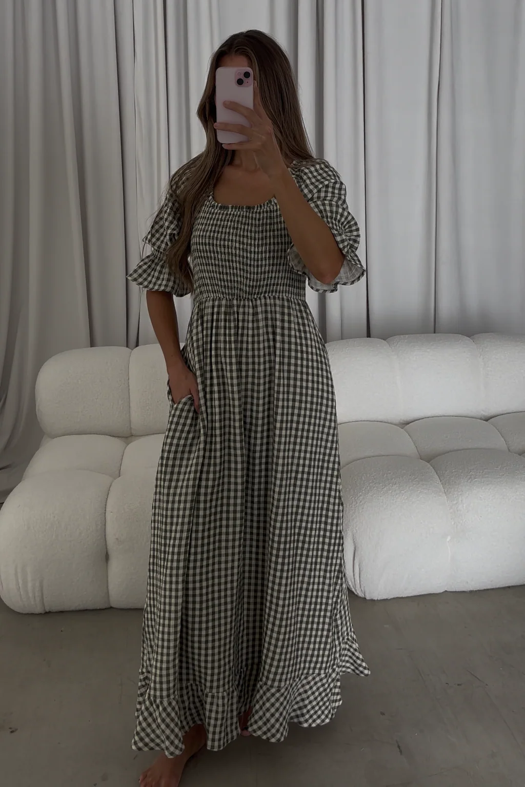 Sienna 100% Cotton Puff Sleeve Maxi Dress in Forest Plaid (Lined) - Bump Friendly - Image 4