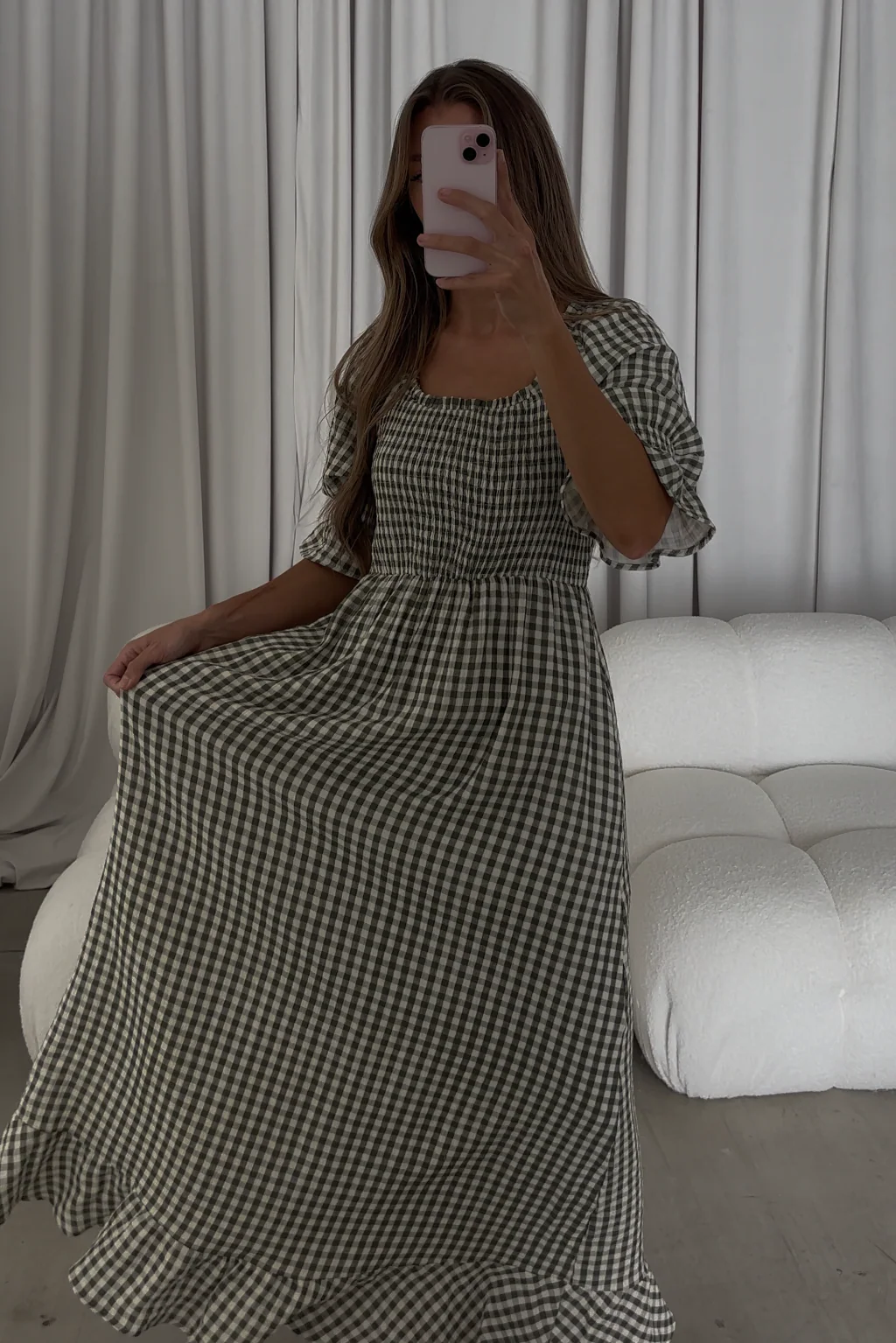 Sienna 100% Cotton Puff Sleeve Maxi Dress in Forest Plaid (Lined) - Bump Friendly - Image 6