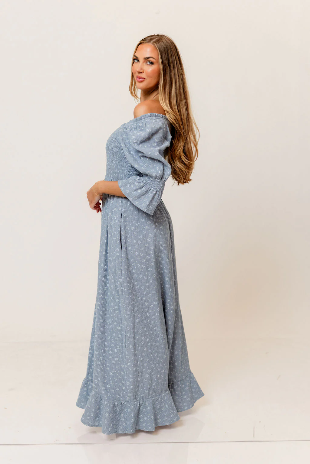Sienna 100% Cotton Puff Sleeve Maxi Dress in Light Indigo Foliage - Bump Friendly - Image 10
